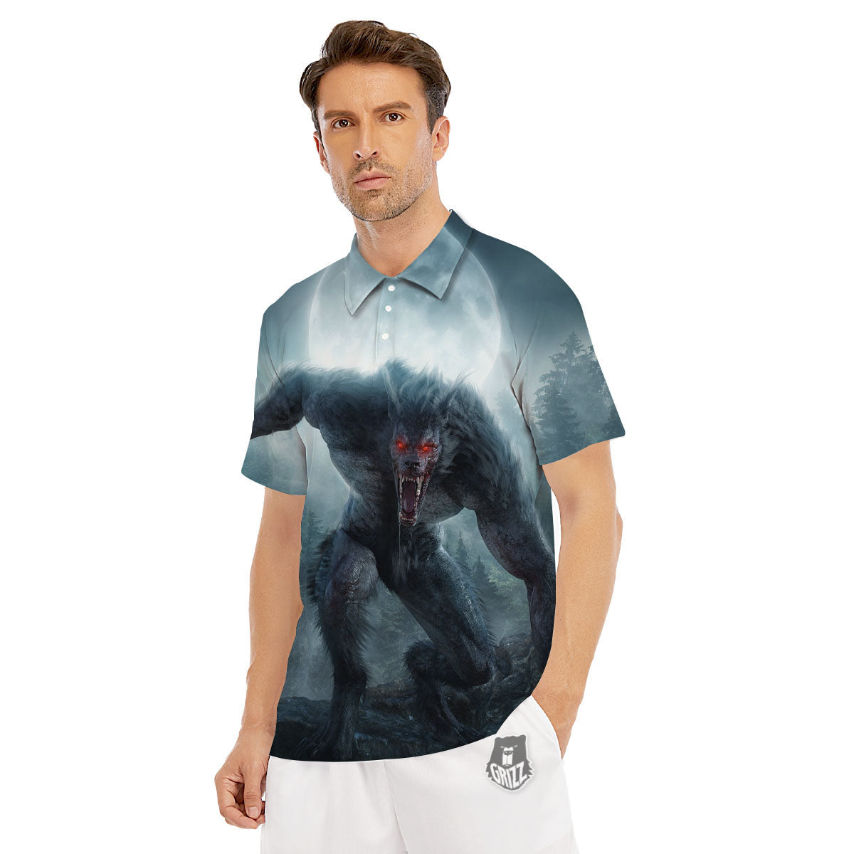 Lycan werewolf And Full Moon Print Men's Golf Shirts-grizzshop
