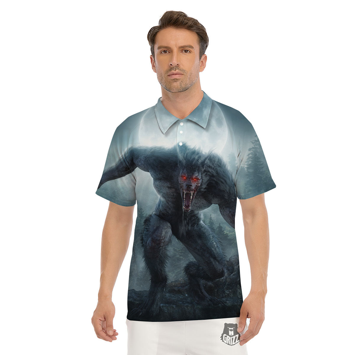 Lycan werewolf And Full Moon Print Men's Golf Shirts-grizzshop