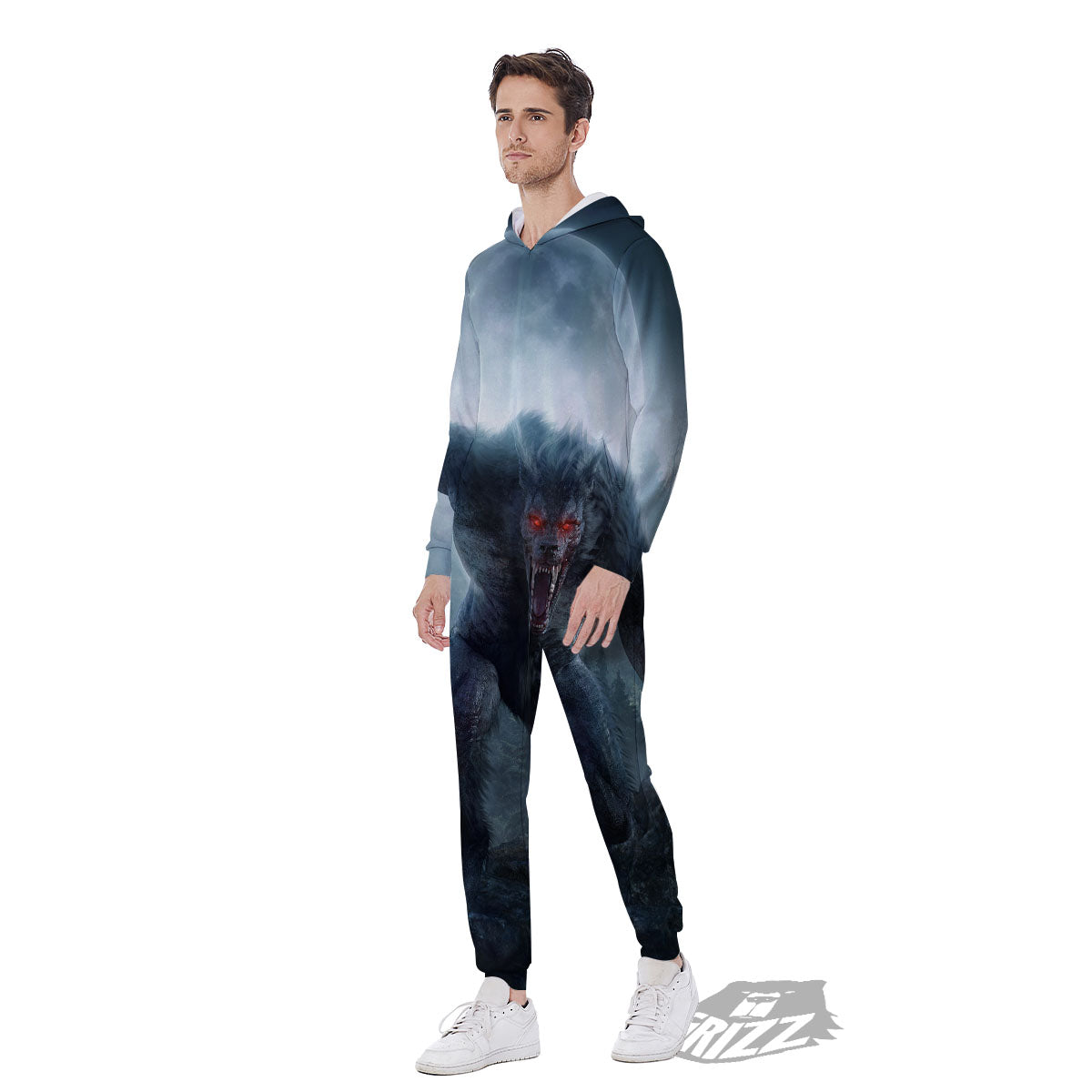Lycan werewolf And Full Moon Print Men's Jumpsuit-grizzshop