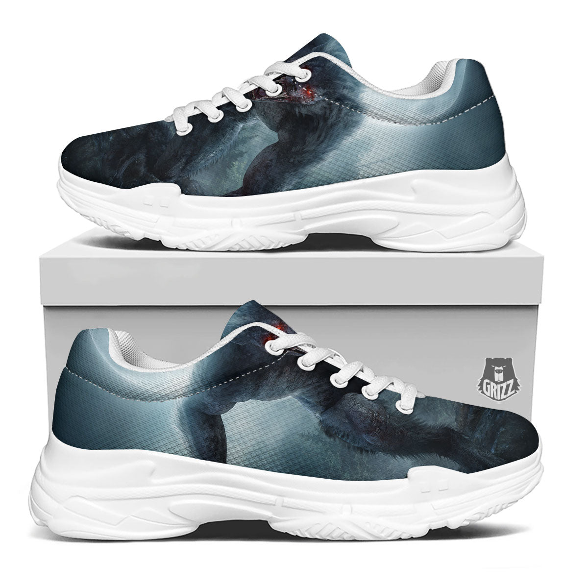 Lycan werewolf And Full Moon Print White Chunky Shoes-grizzshop