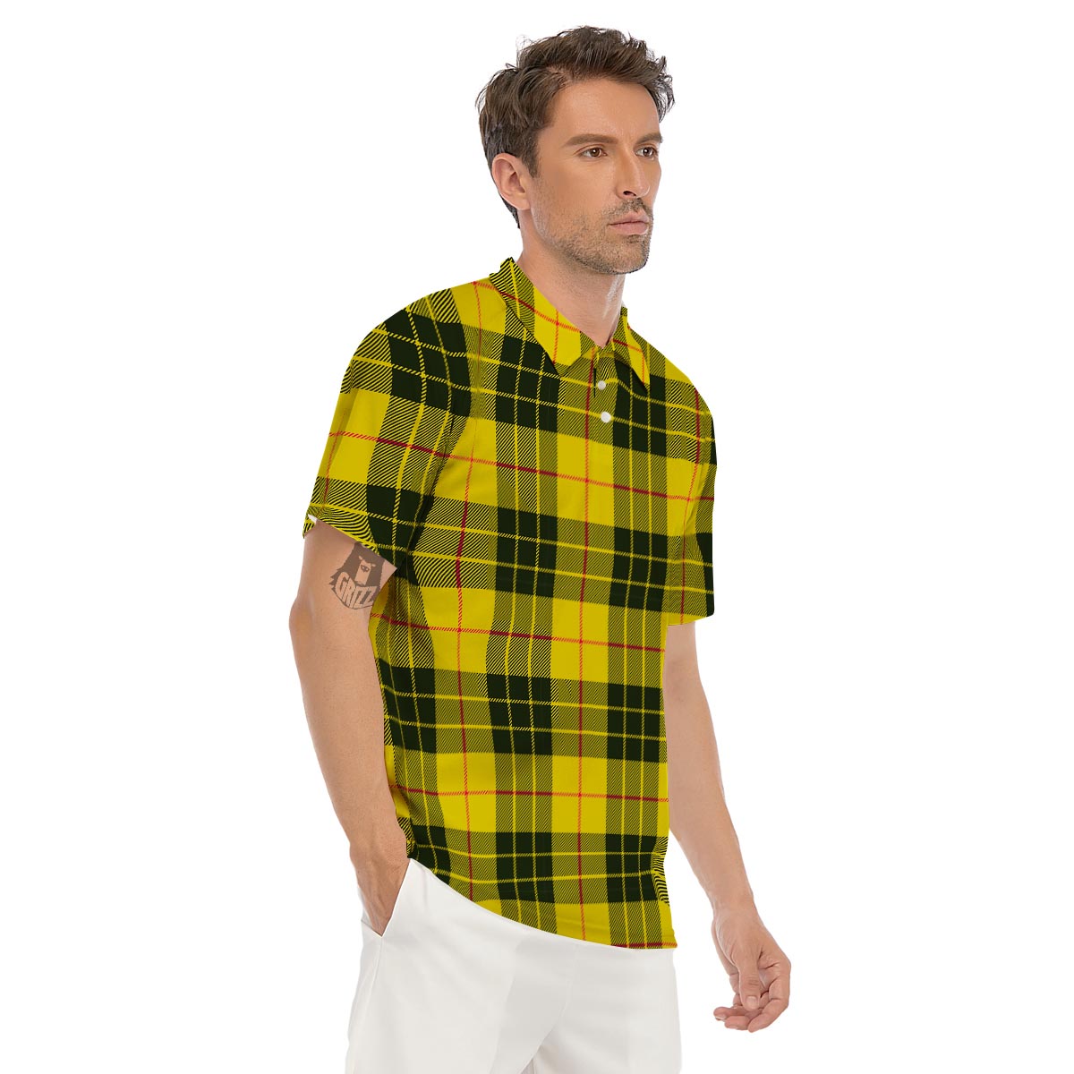 MacLeod Yellow Plaid Tartan Men's Golf Shirts-grizzshop