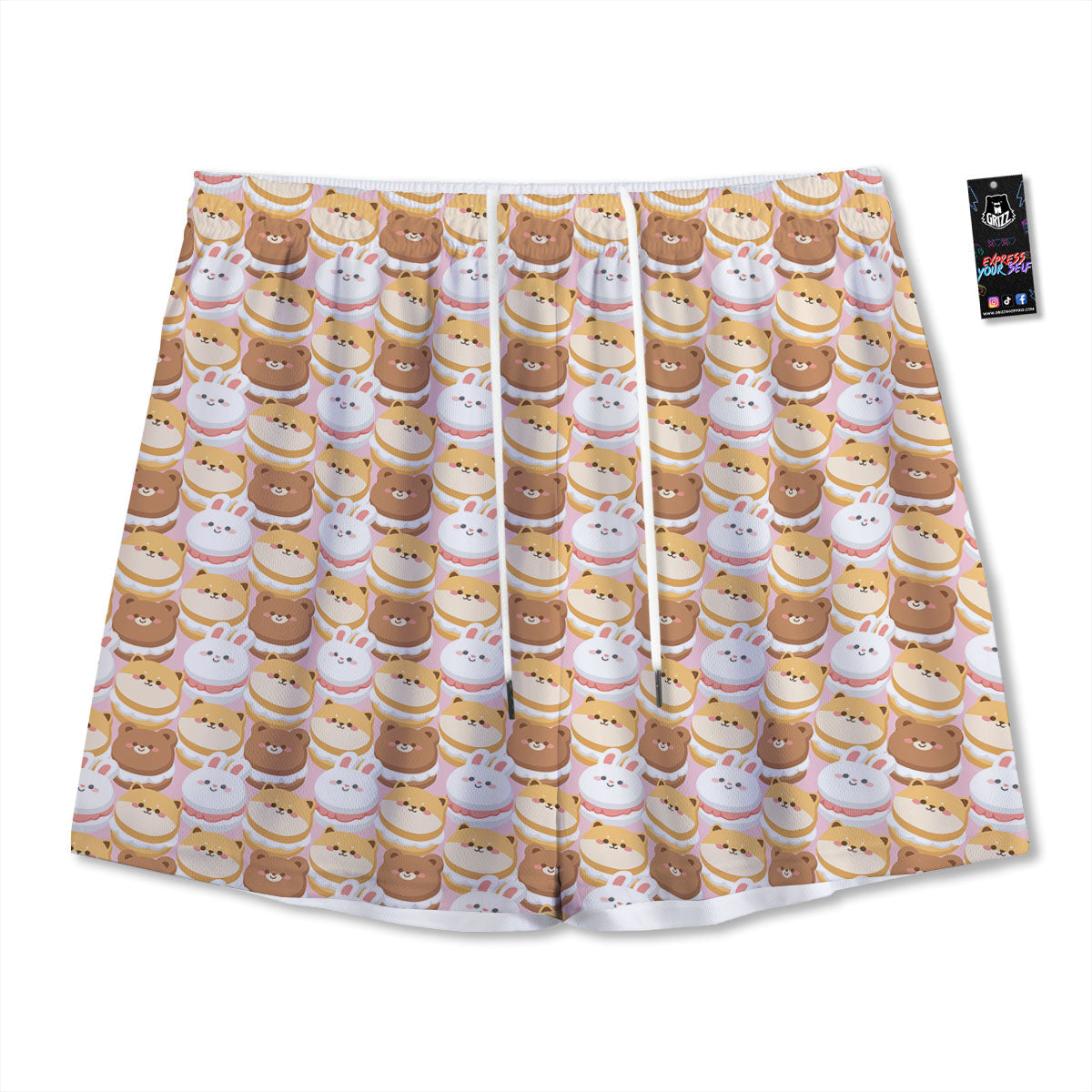 Macaron Cartoon Print Pattern Mesh Shorts-grizzshop