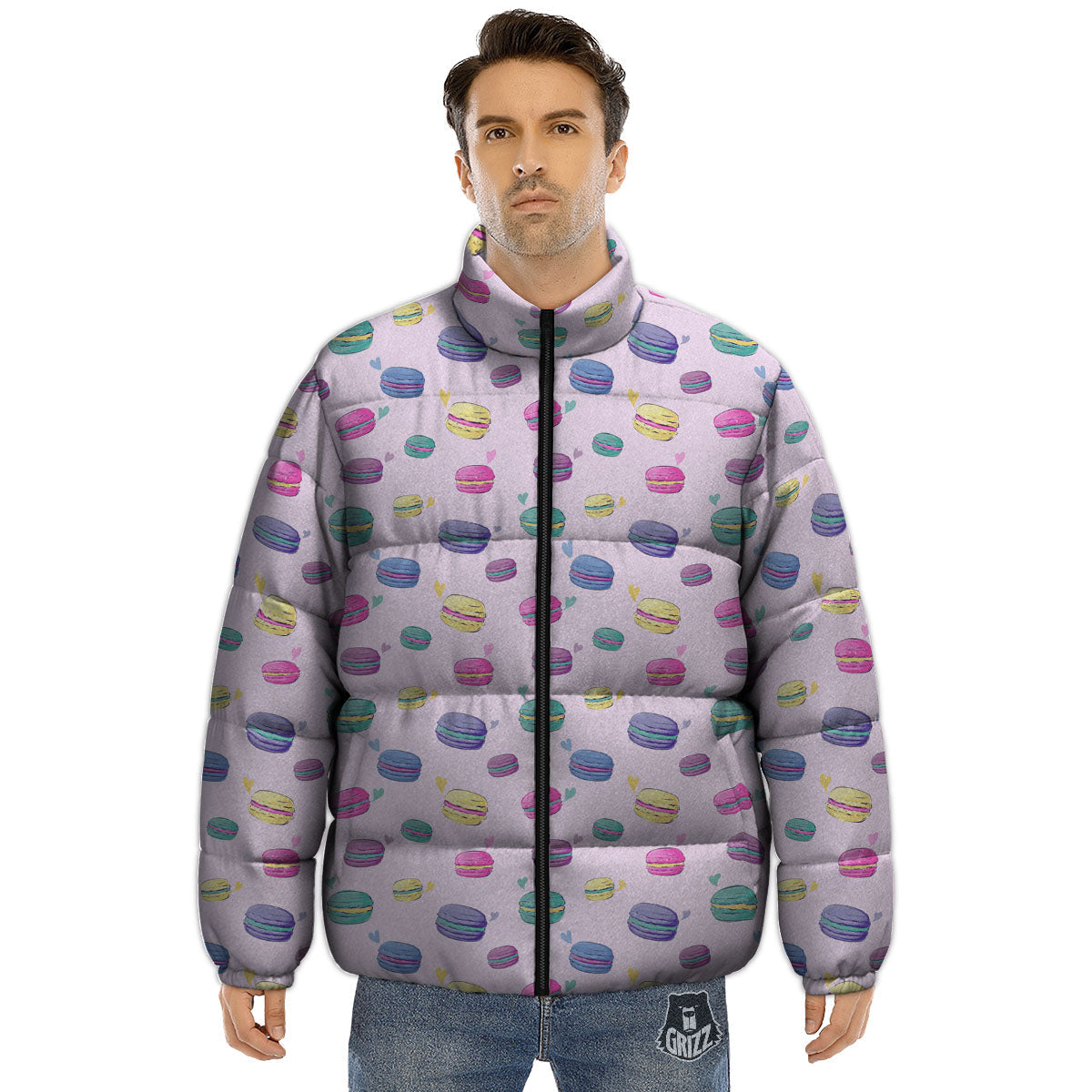 Macaron Colorful Print Pattern Puffer Jacket-grizzshop