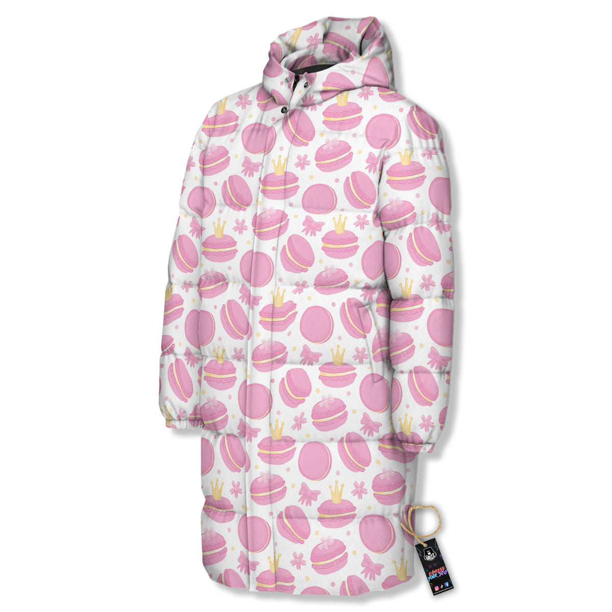 Macaron Pink Print Pattern Long Down Jacket-grizzshop