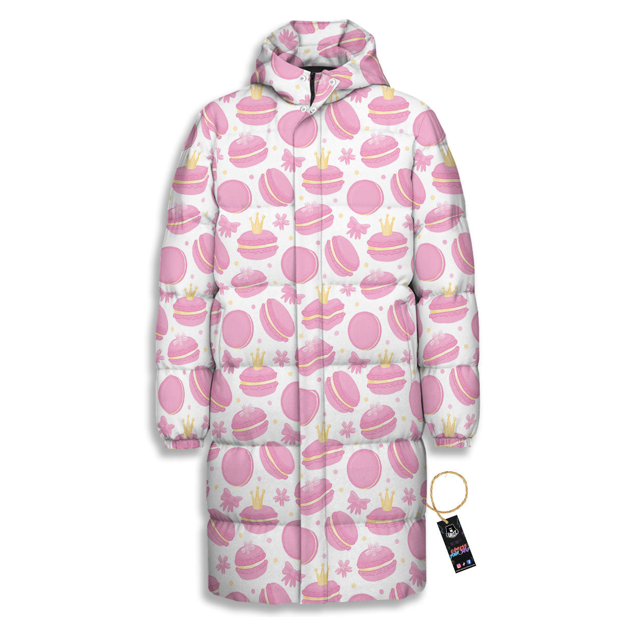 Macaron Pink Print Pattern Long Down Jacket-grizzshop