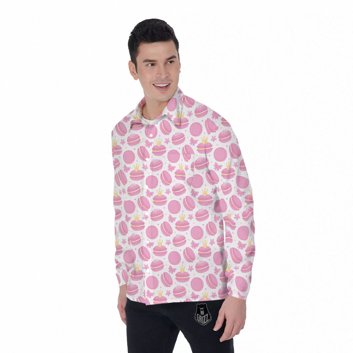 Macaron Pink Print Pattern Men's Long Sleeve Shirts-grizzshop