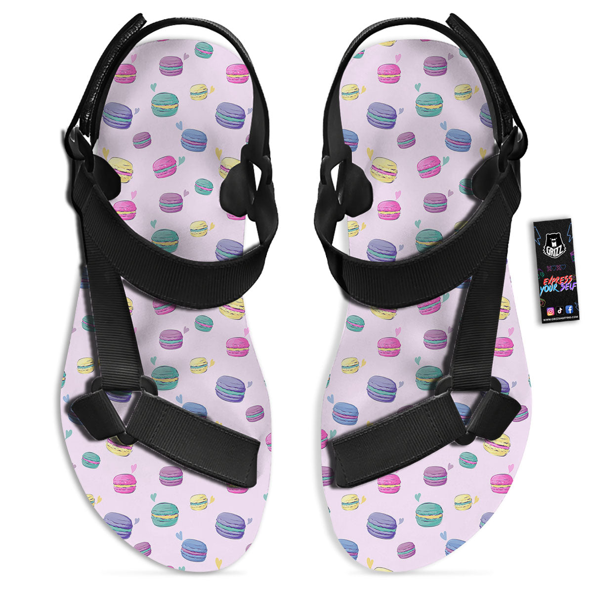 Macaron Print Pattern Black Open Toe Sandals-grizzshop