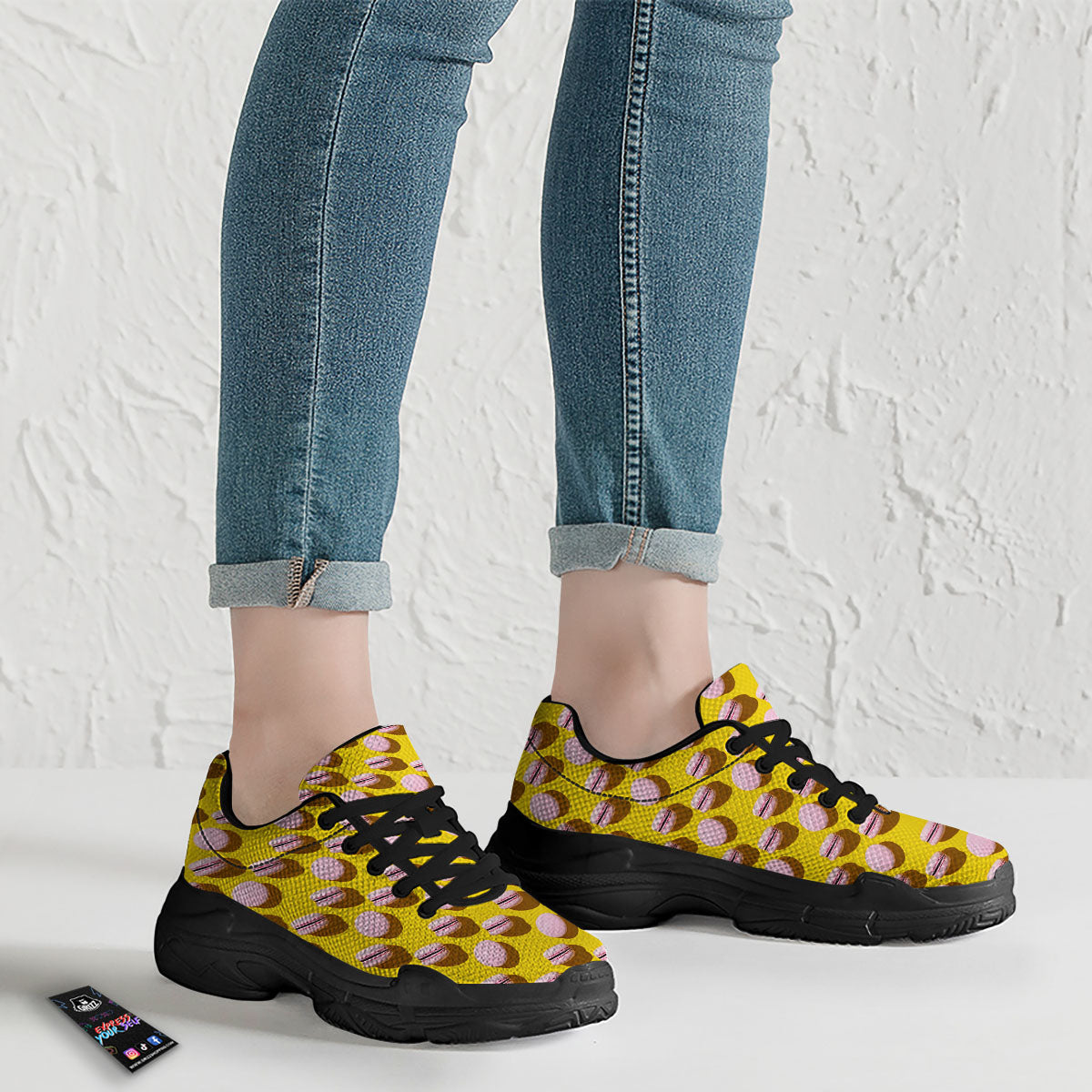 Macaron Yellow And Pink Print Pattern Black Chunky Shoes-grizzshop