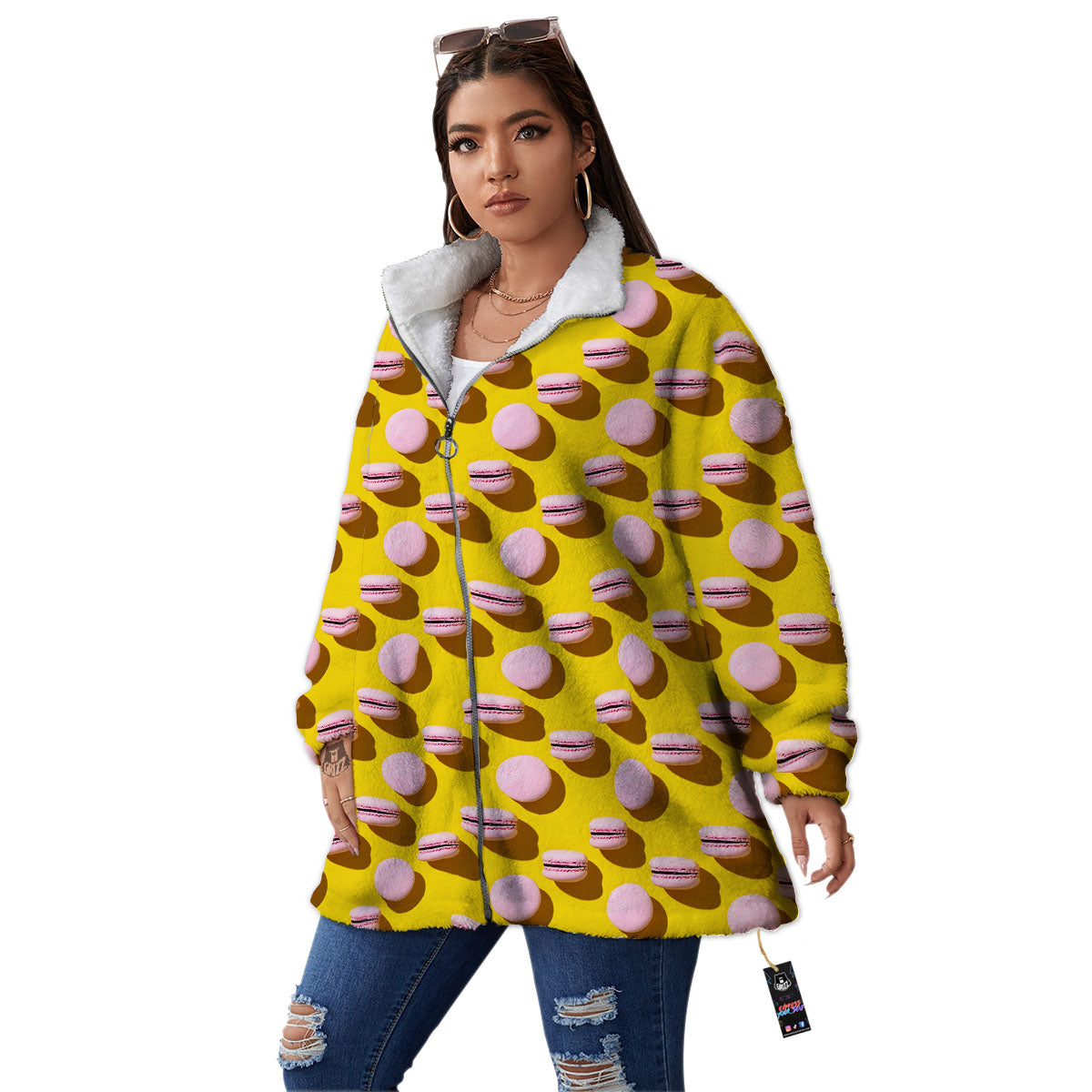 Macaron Yellow And Pink Print Pattern Women's Sherpa Jacket-grizzshop