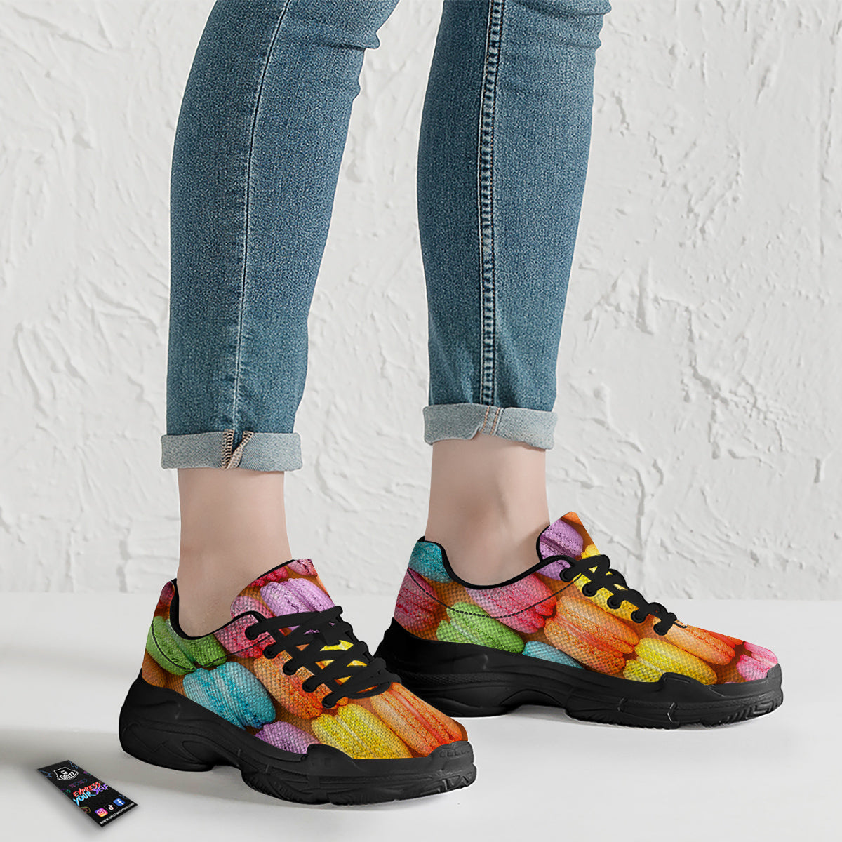 Macarons Colorful Print Black Chunky Shoes-grizzshop