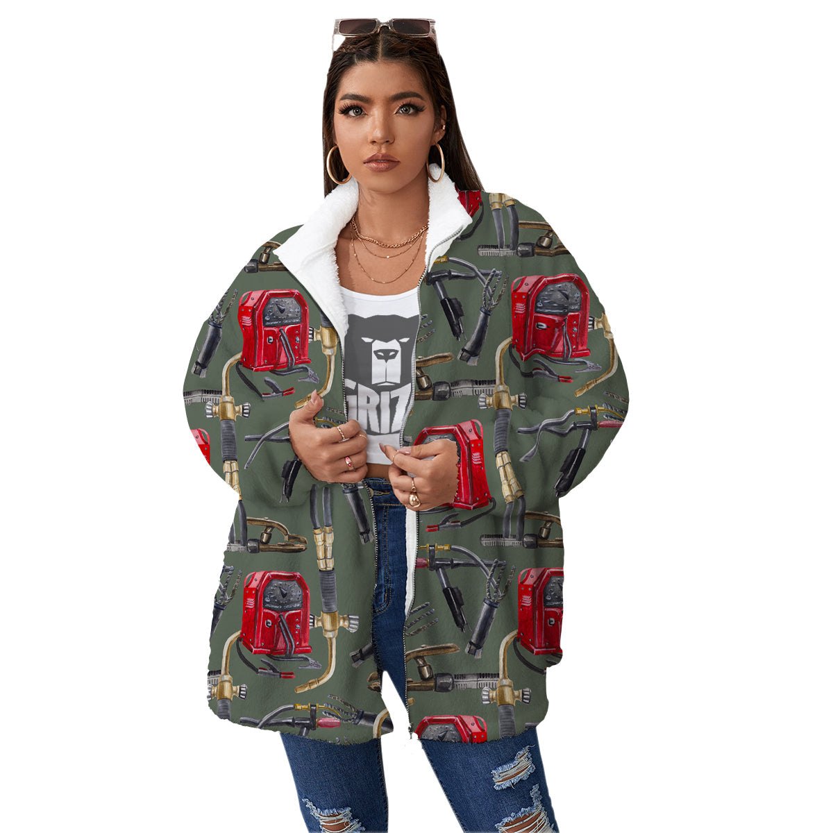 Machine Welding Print Pattern Women's Sherpa Jacket-grizzshop