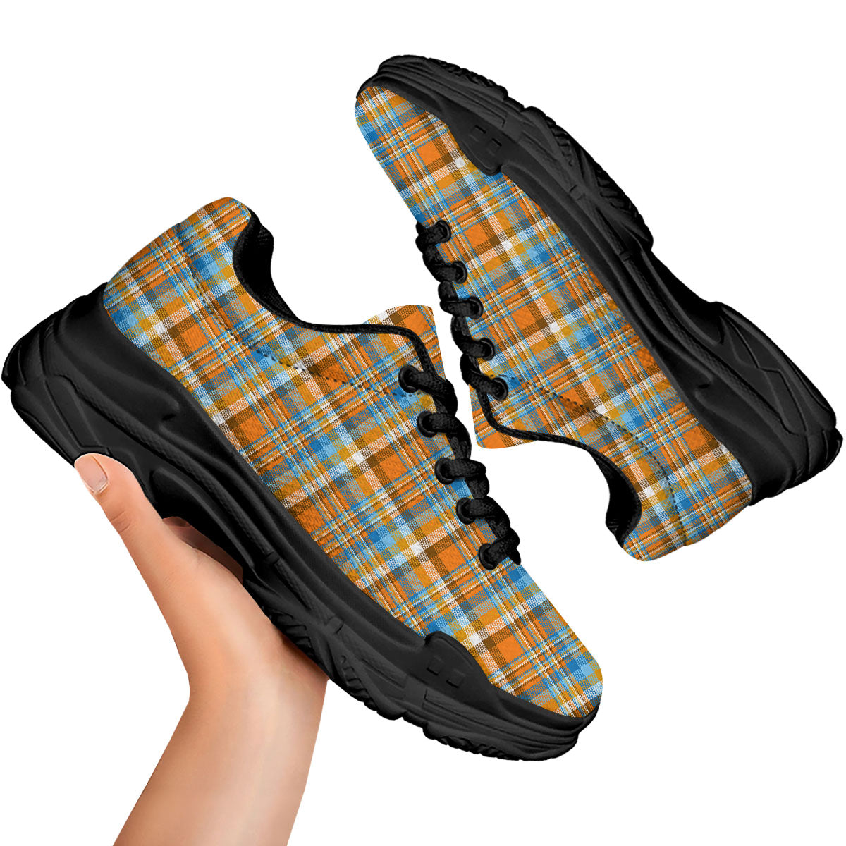 Madras Blue And Orange Print Pattern Black Chunky Shoes-grizzshop