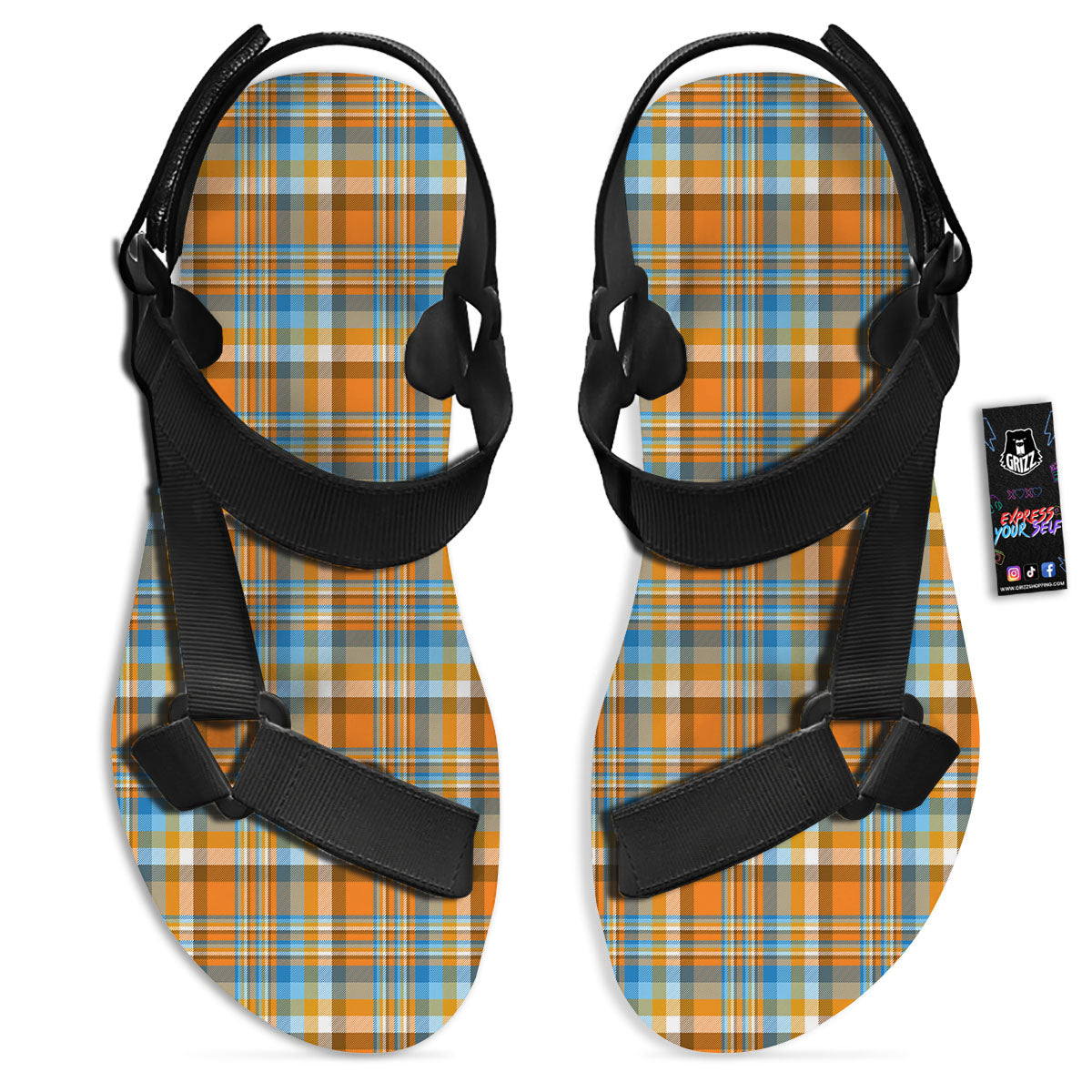 Madras Blue And Orange Print Pattern Black Open Toe Sandals-grizzshop