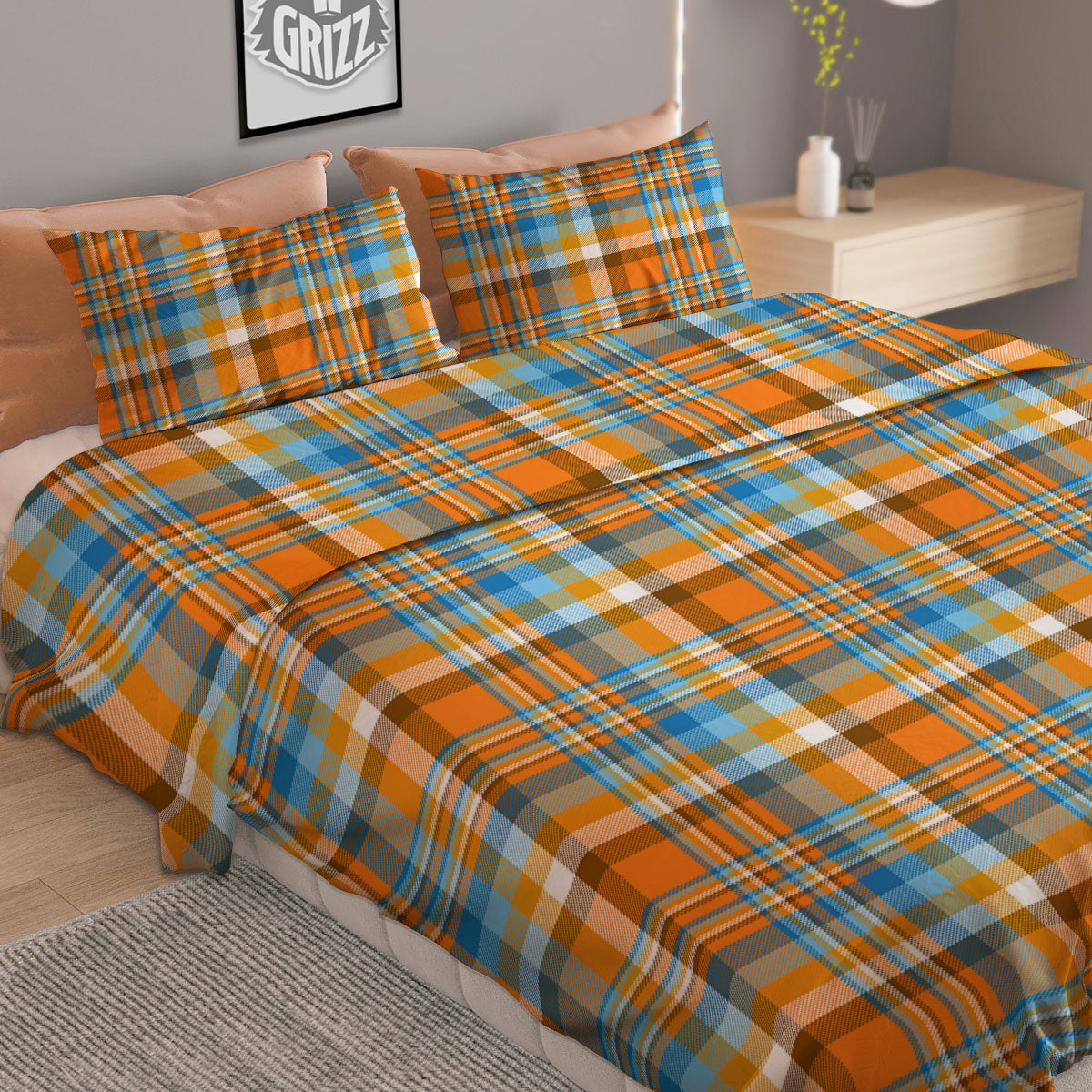 Madras Blue And Orange Print Pattern Duvet Cover Bedding Set