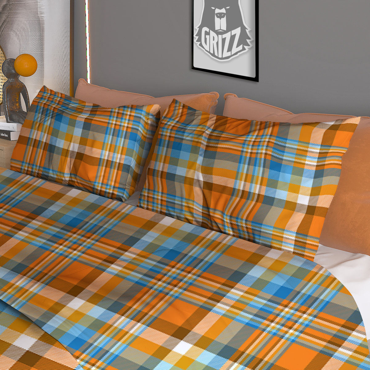 Madras Blue And Orange Print Pattern Duvet Cover Bedding Set
