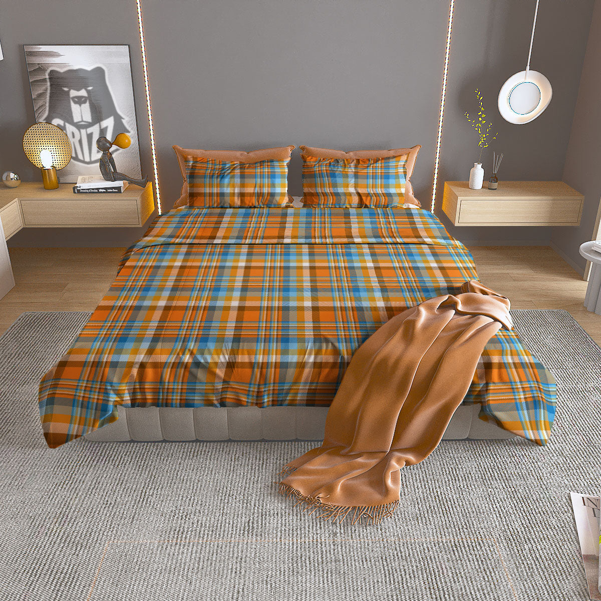 Madras Blue And Orange Print Pattern Duvet Cover Bedding Set