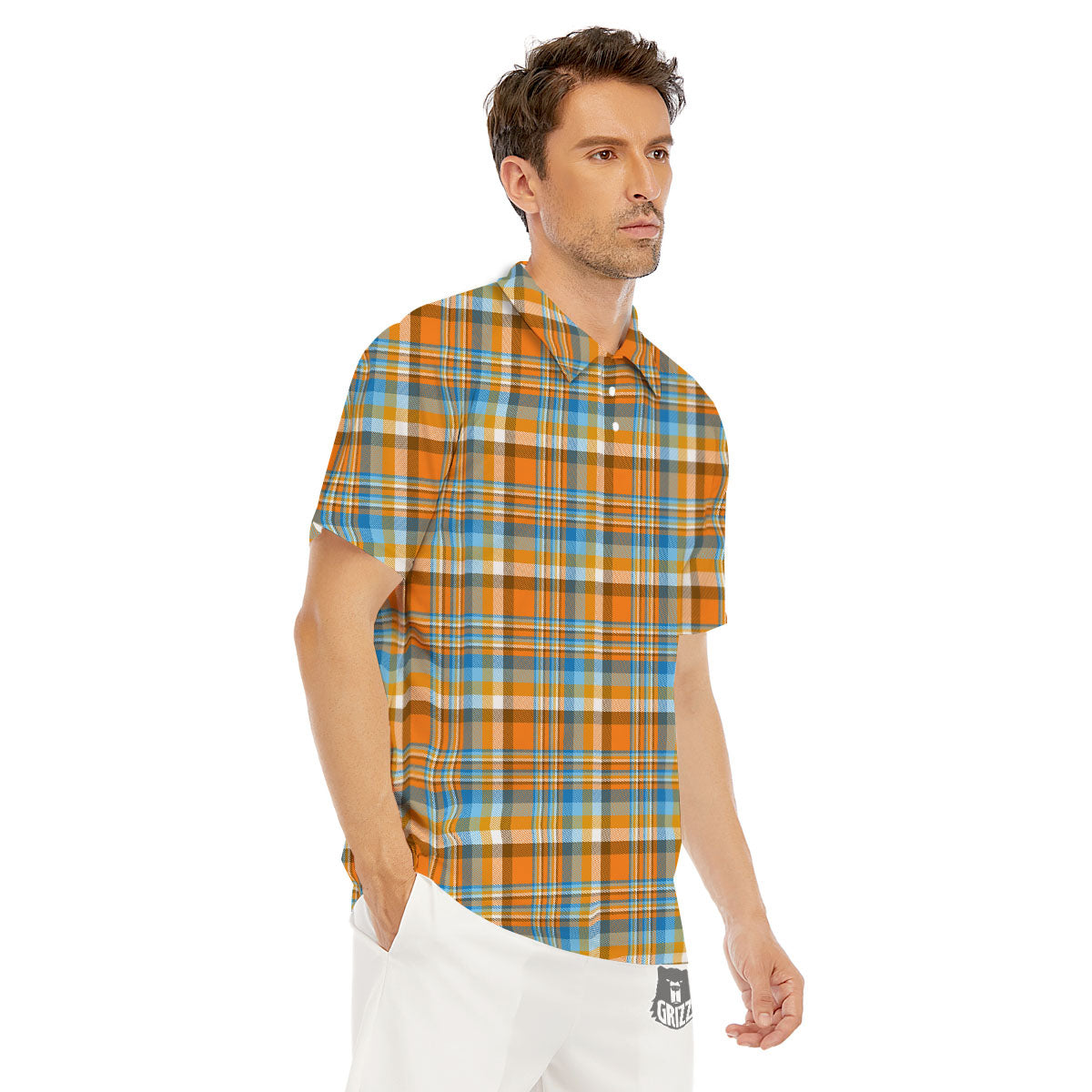 Madras Blue And Orange Print Pattern Men's Golf Shirts-grizzshop