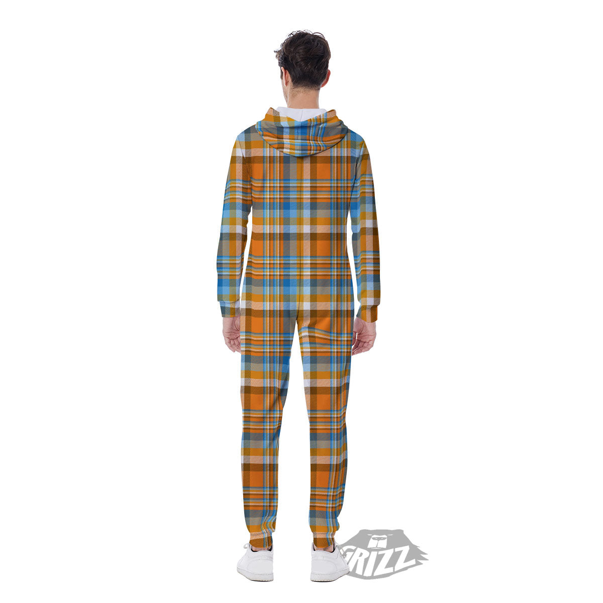 Madras Blue And Orange Print Pattern Men's Jumpsuit-grizzshop