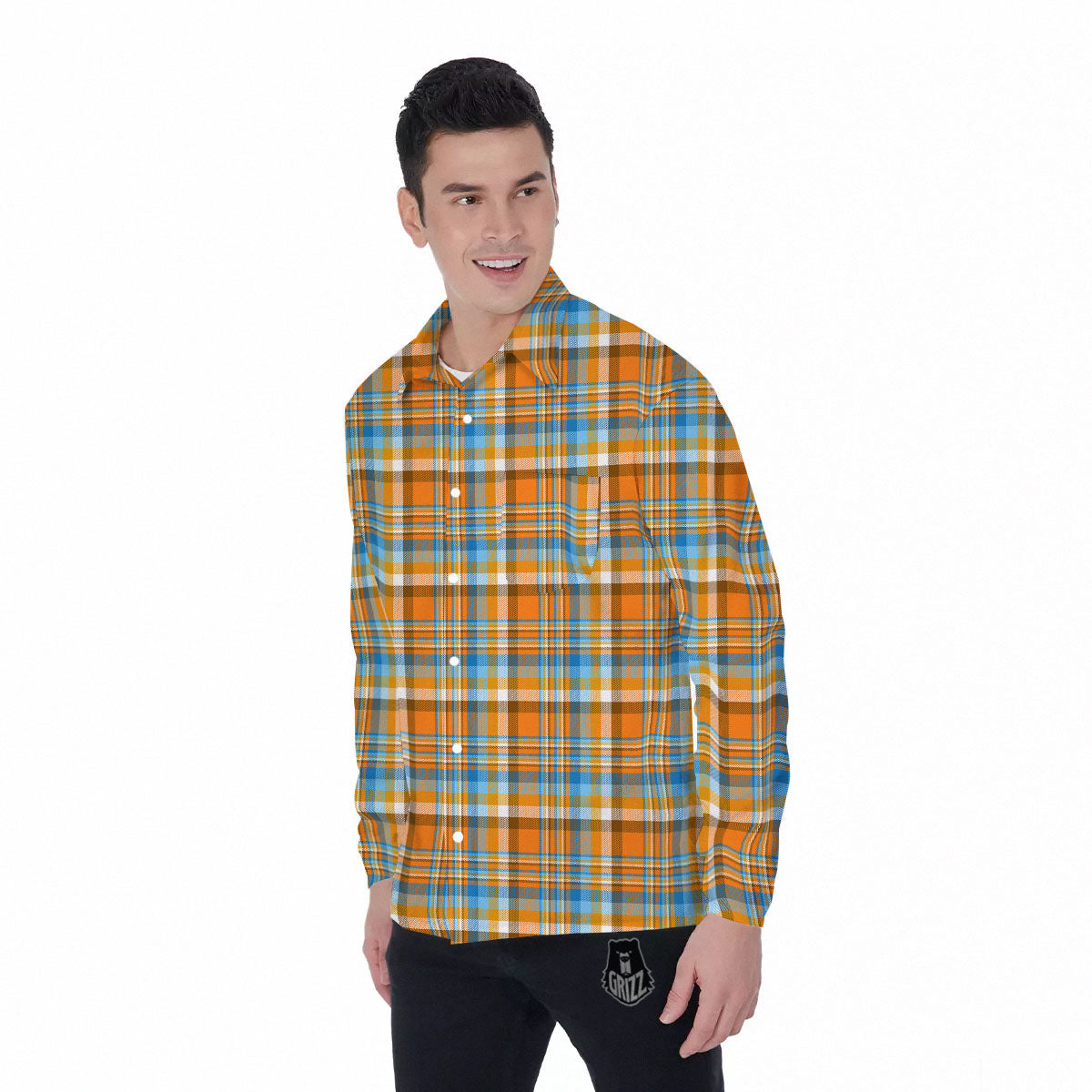 Madras Blue And Orange Print Pattern Men's Long Sleeve Shirts-grizzshop