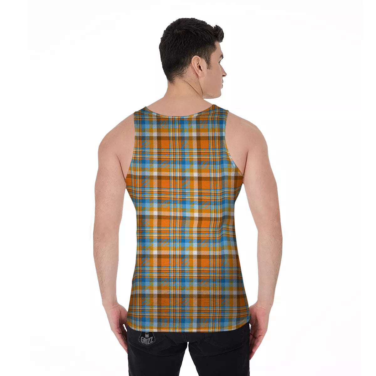 Madras Blue And Orange Print Pattern Men's Tank Top-grizzshop