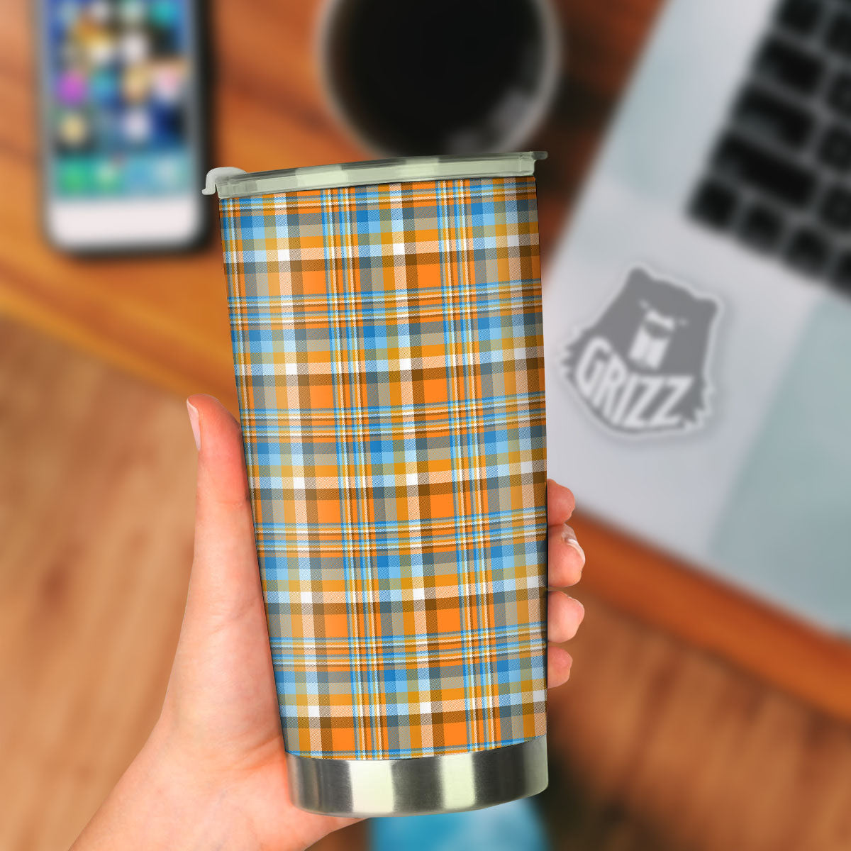 Madras Blue And Orange Print Pattern Tumbler-grizzshop
