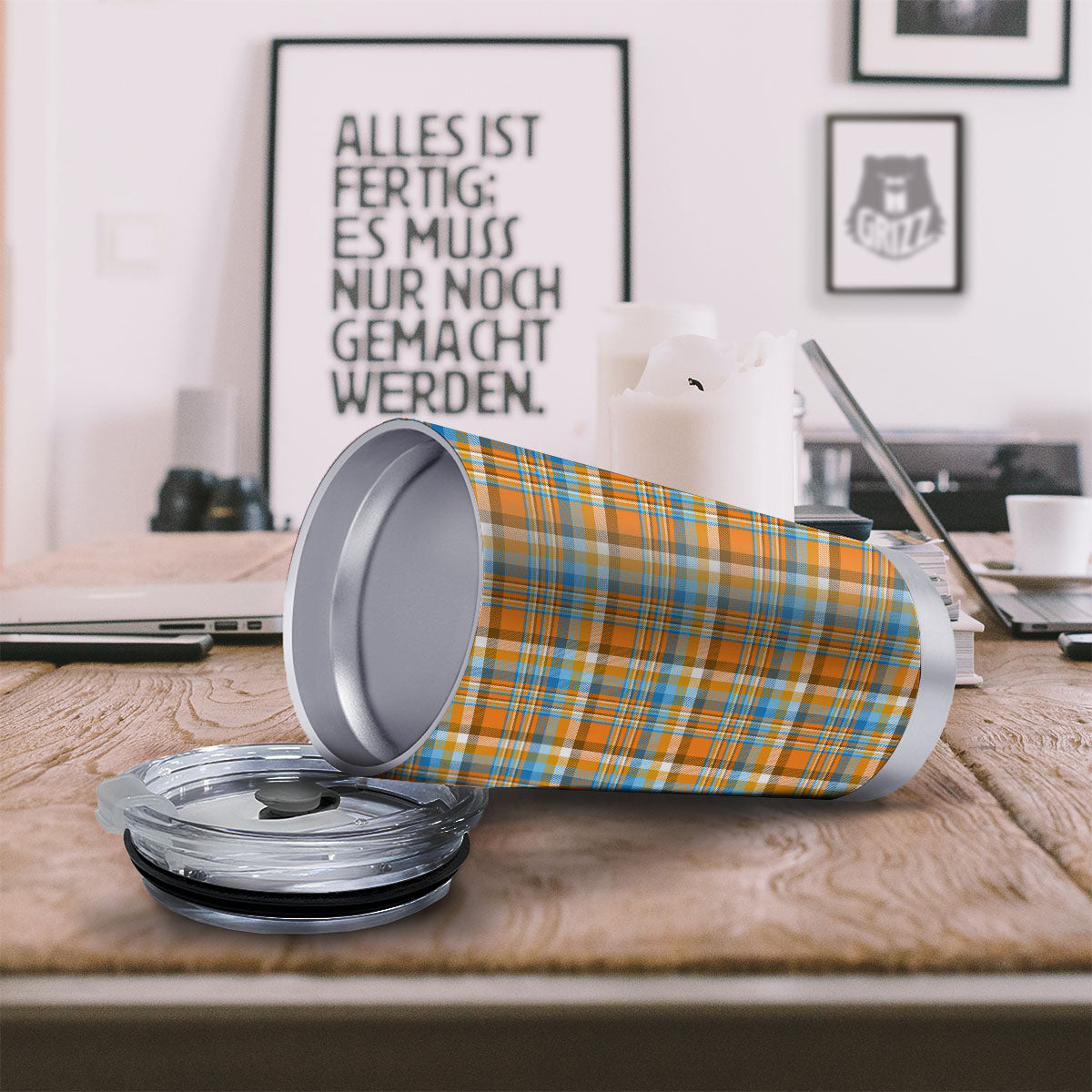 Madras Blue And Orange Print Pattern Tumbler-grizzshop