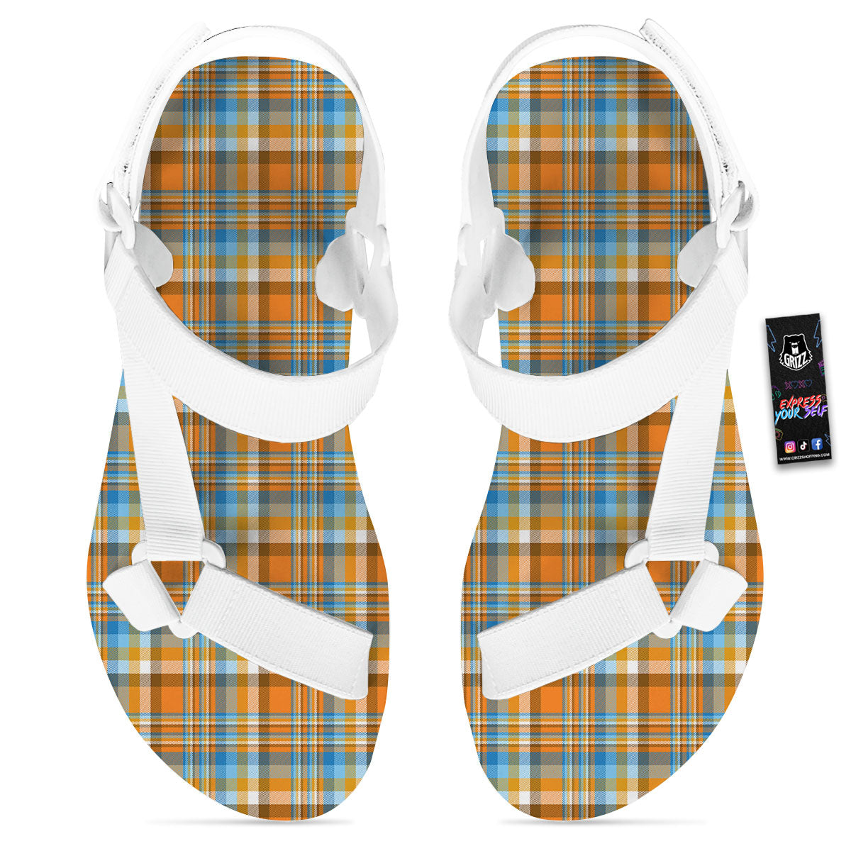 Madras Blue And Orange Print Pattern White Open Toe Sandals-grizzshop