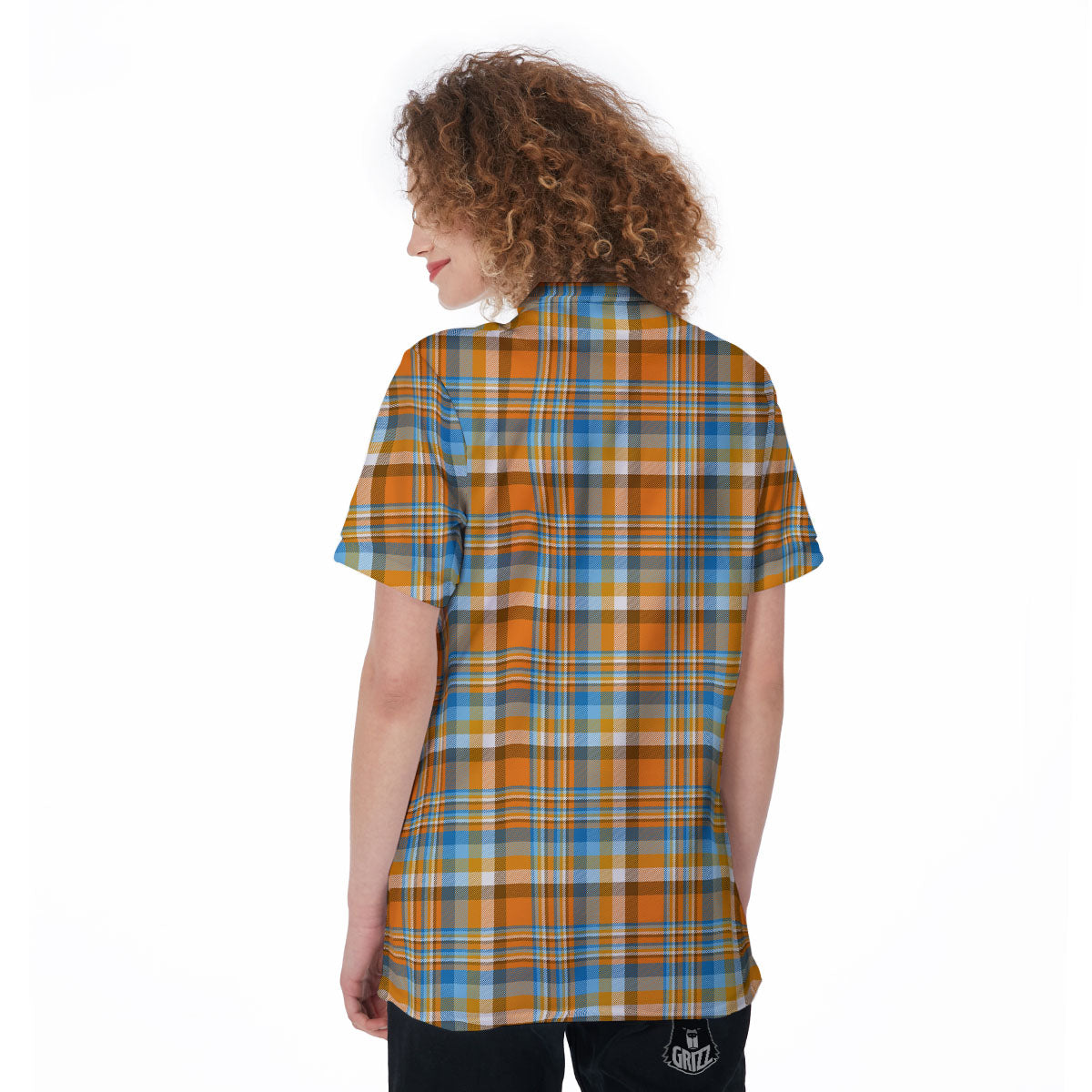 Madras Blue And Orange Print Pattern Women's Golf Shirts-grizzshop