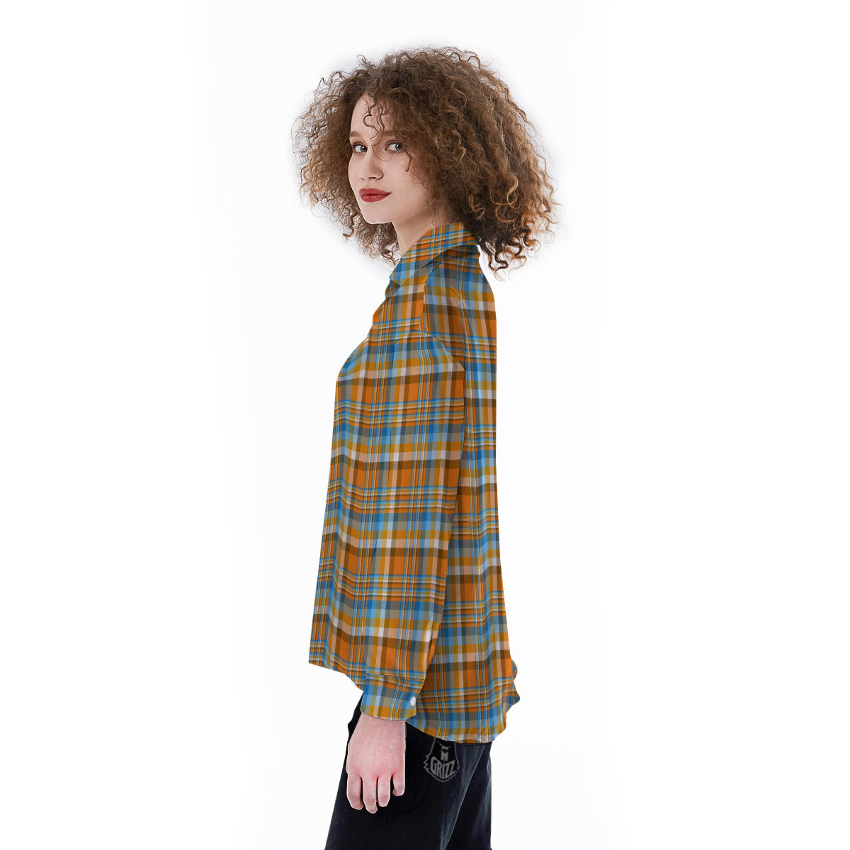 Madras Blue And Orange Print Pattern Women's Long Sleeve Shirts-grizzshop