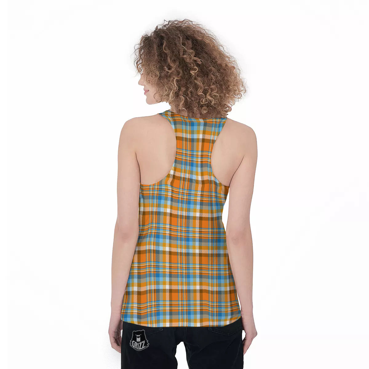 Madras Blue And Orange Print Pattern Women's Racerback Tank Top-grizzshop