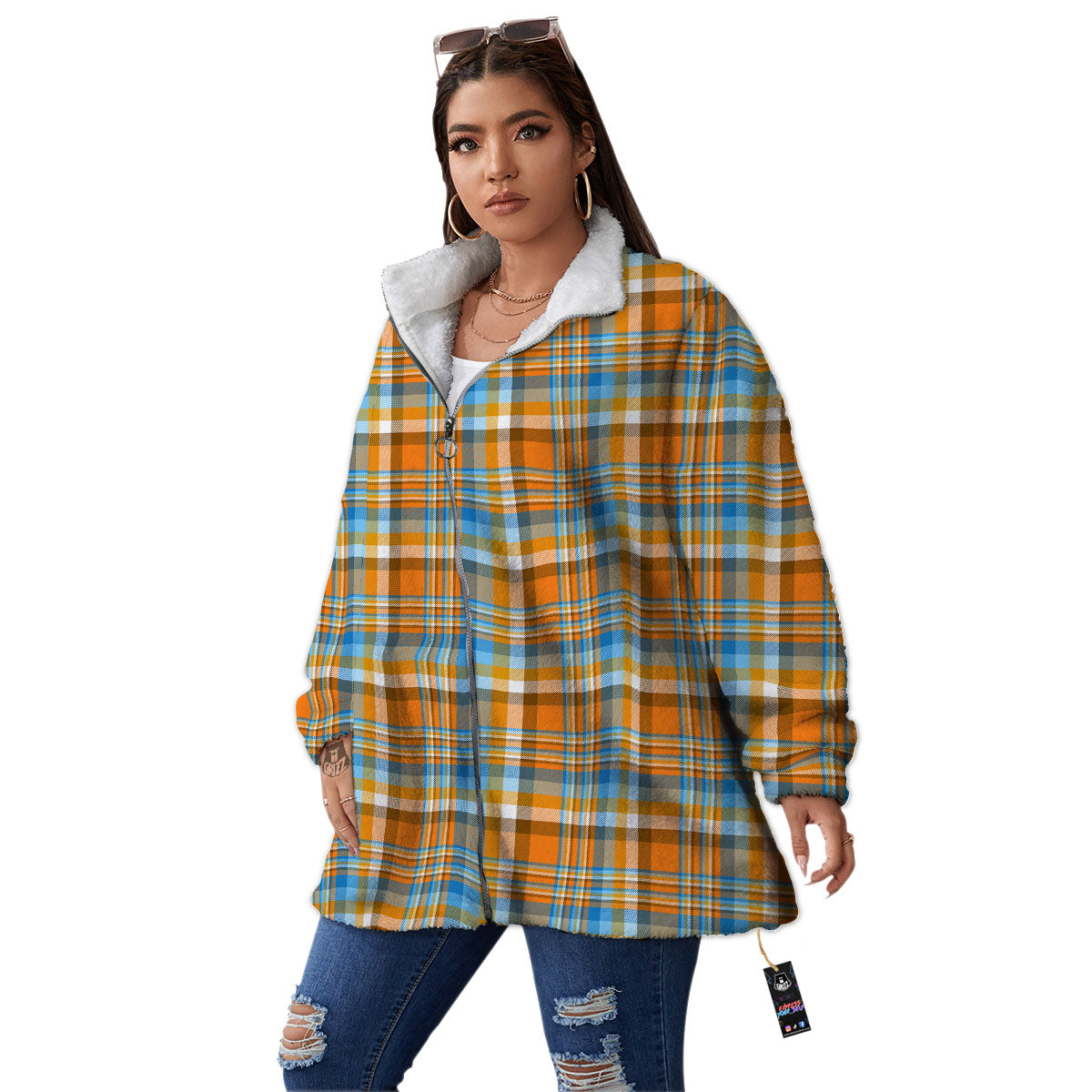 Madras Blue And Orange Print Pattern Women's Sherpa Jacket-grizzshop