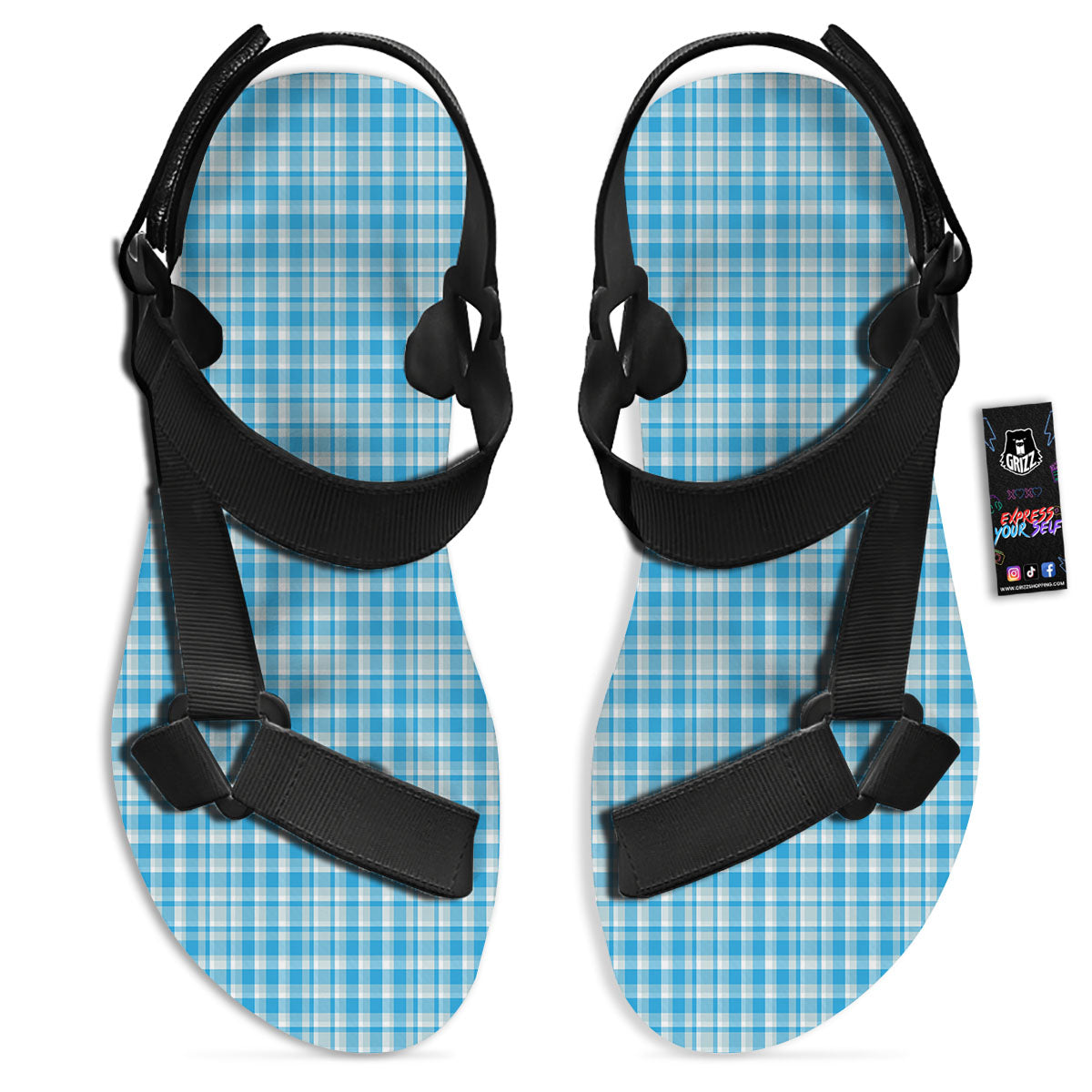 Madras Blue Print Pattern Black Open Toe Sandals-grizzshop