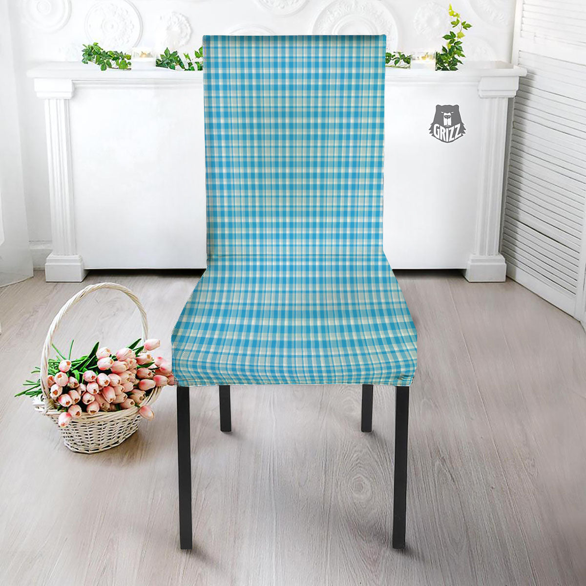 Madras Blue Print Pattern Dining Chair Slipcover-grizzshop