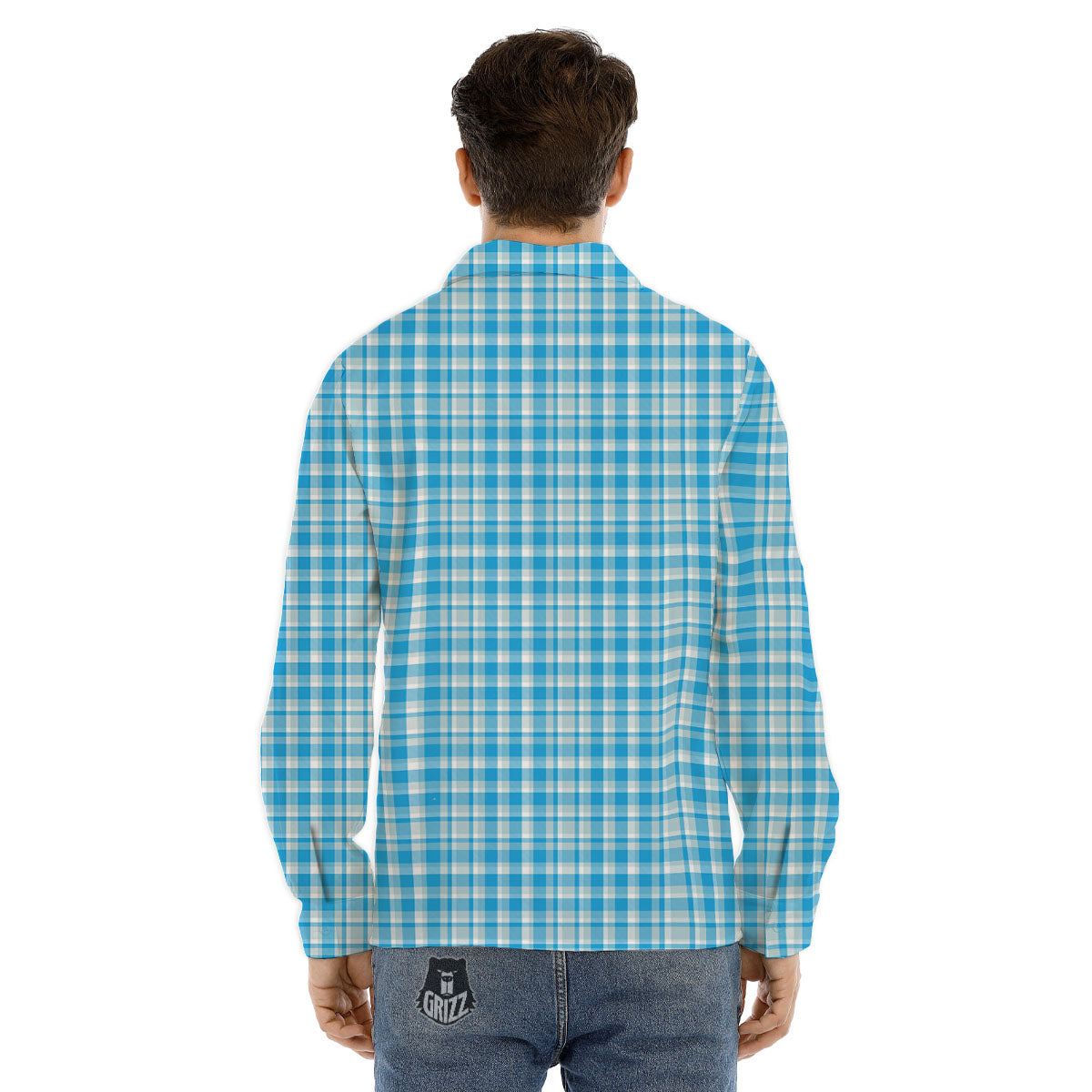 Madras Blue Print Pattern Men's Dress Shirts-grizzshop