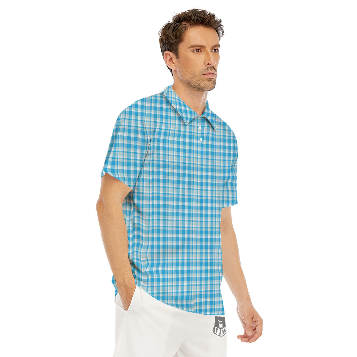 Madras Blue Print Pattern Men's Golf Shirts-grizzshop