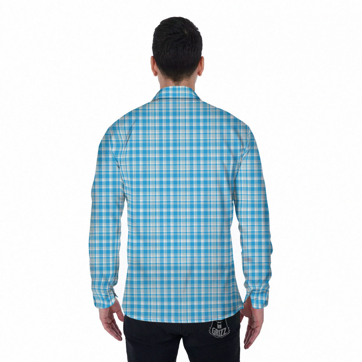 Madras Blue Print Pattern Men's Long Sleeve Shirts-grizzshop