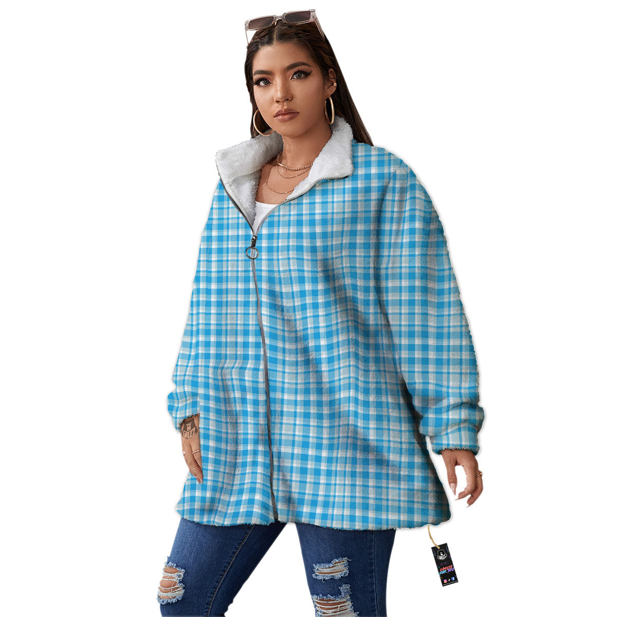 Madras Blue Print Pattern Women's Sherpa Jacket-grizzshop