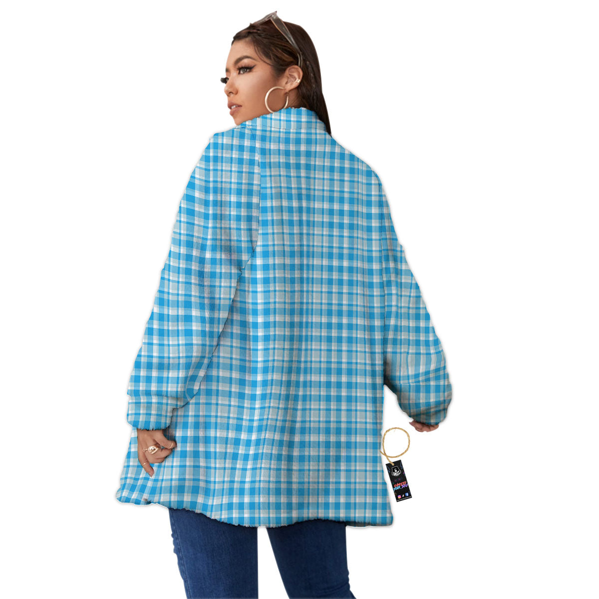 Madras Blue Print Pattern Women's Sherpa Jacket-grizzshop