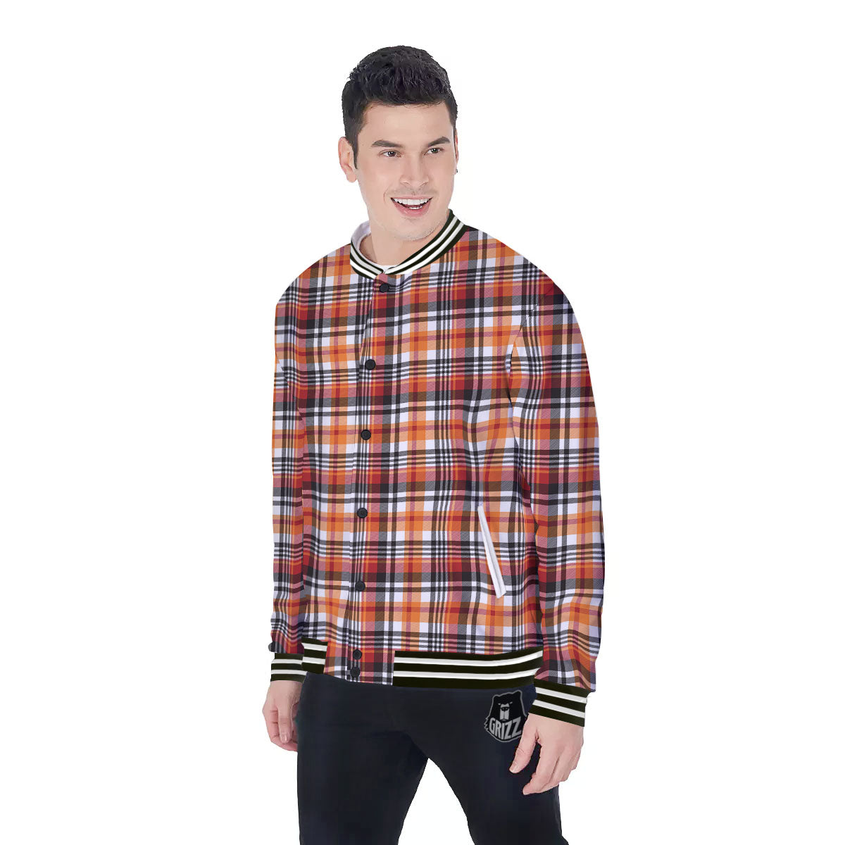Madras Plaid Black And Orange Print Pattern Baseball Jacket-grizzshop
