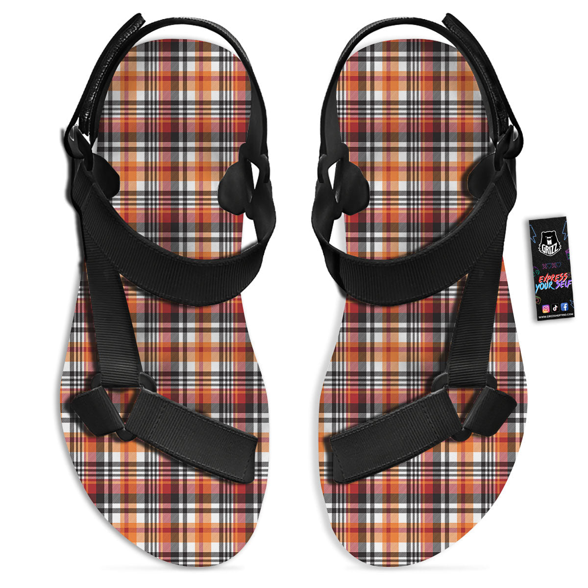 Madras Plaid Black And Orange Print Pattern Black Open Toe Sandals-grizzshop