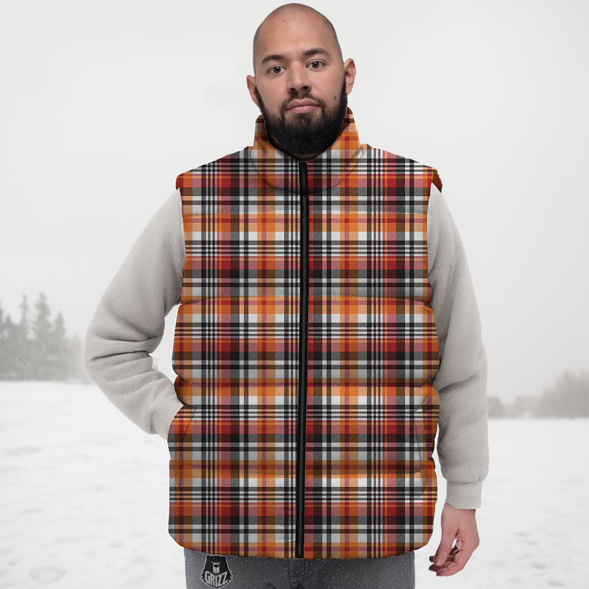 Madras Plaid Black And Orange Print Pattern Down Vest