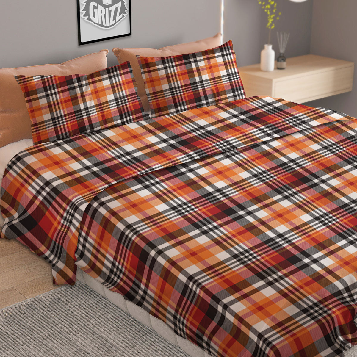 Madras Plaid Black And Orange Print Pattern Duvet Cover Bedding Set