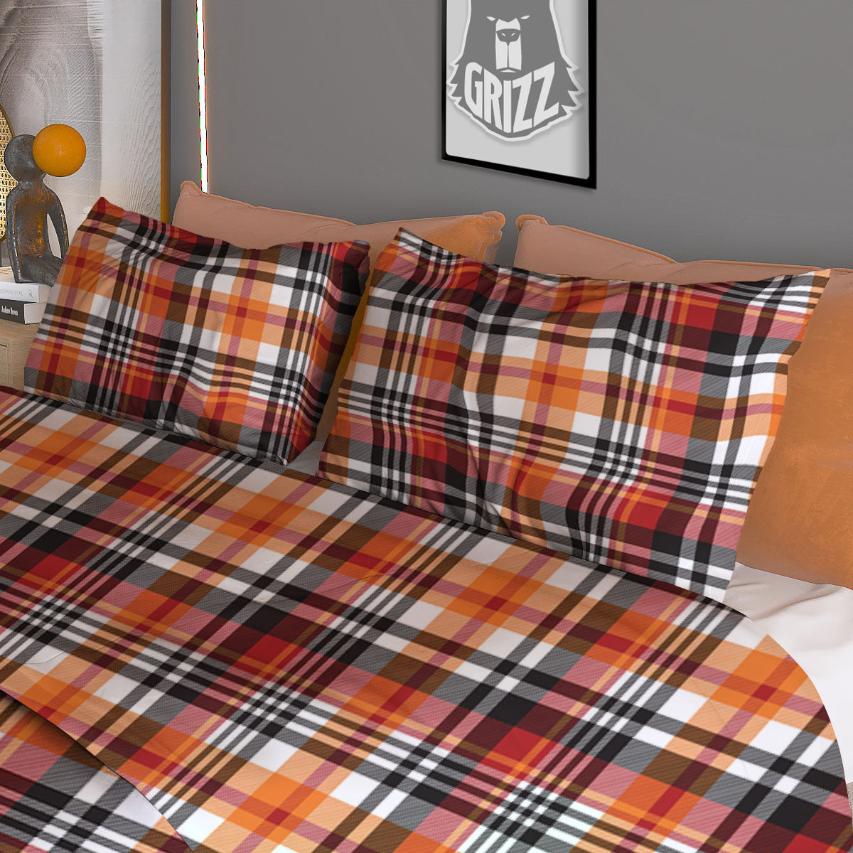 Madras Plaid Black And Orange Print Pattern Duvet Cover Bedding Set