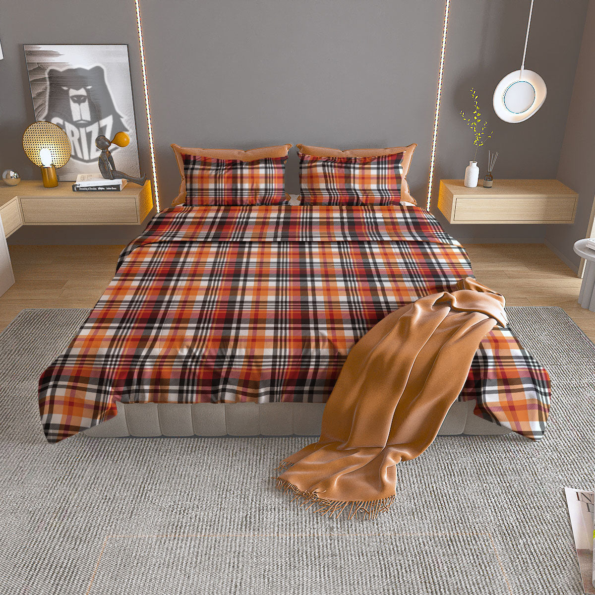 Madras Plaid Black And Orange Print Pattern Duvet Cover Bedding Set