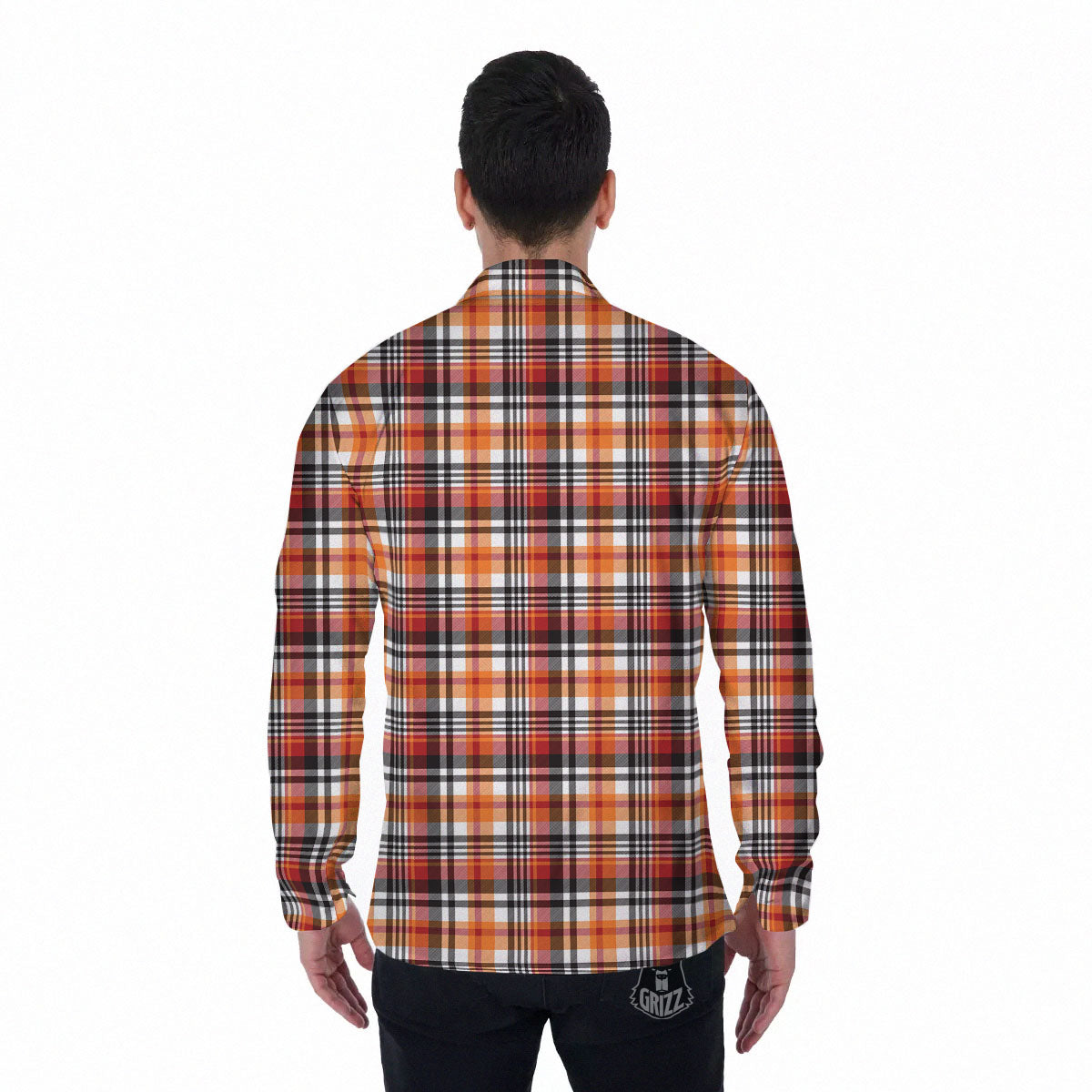 Madras Plaid Black And Orange Print Pattern Men's Long Sleeve Shirts-grizzshop