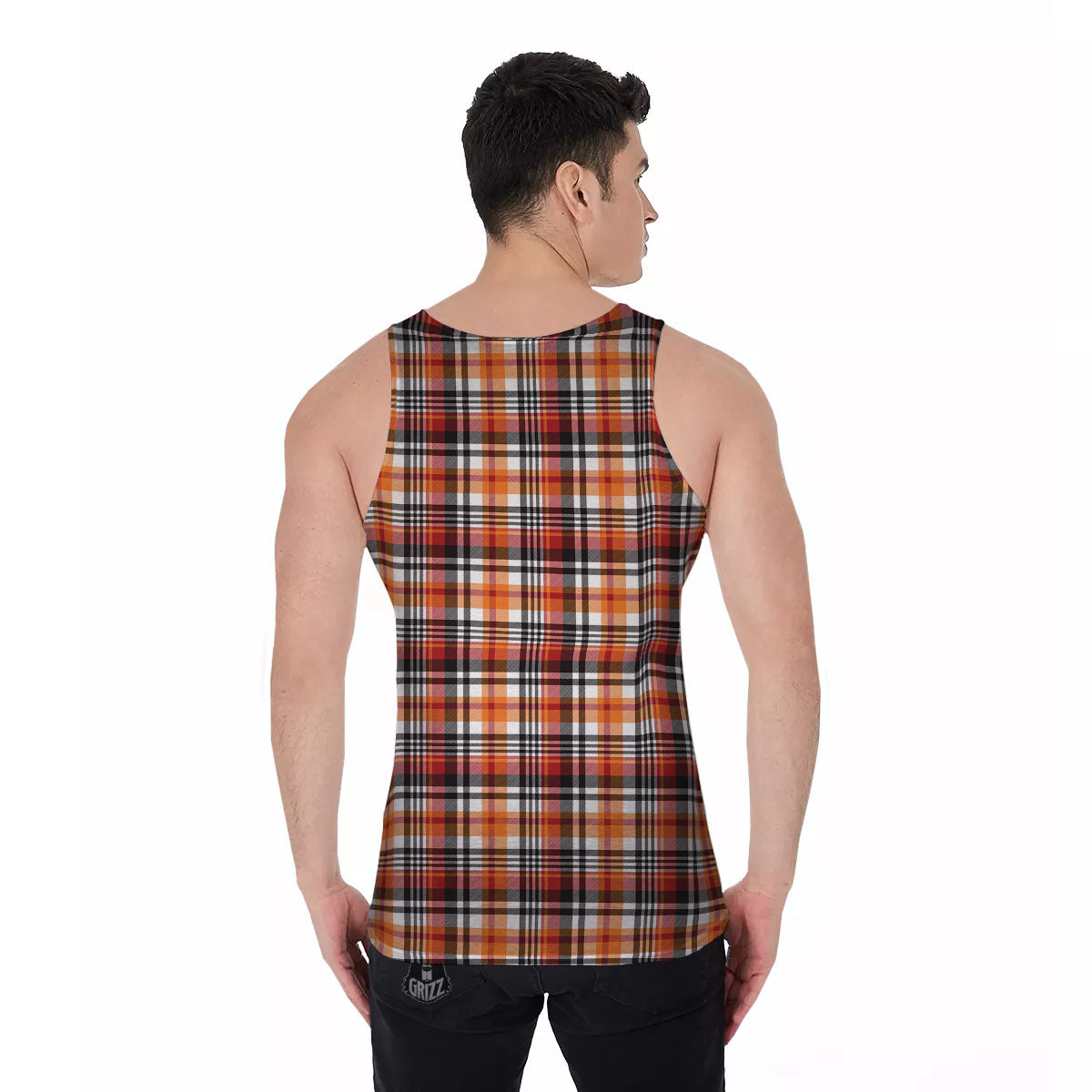 Madras Plaid Black And Orange Print Pattern Men's Tank Top-grizzshop