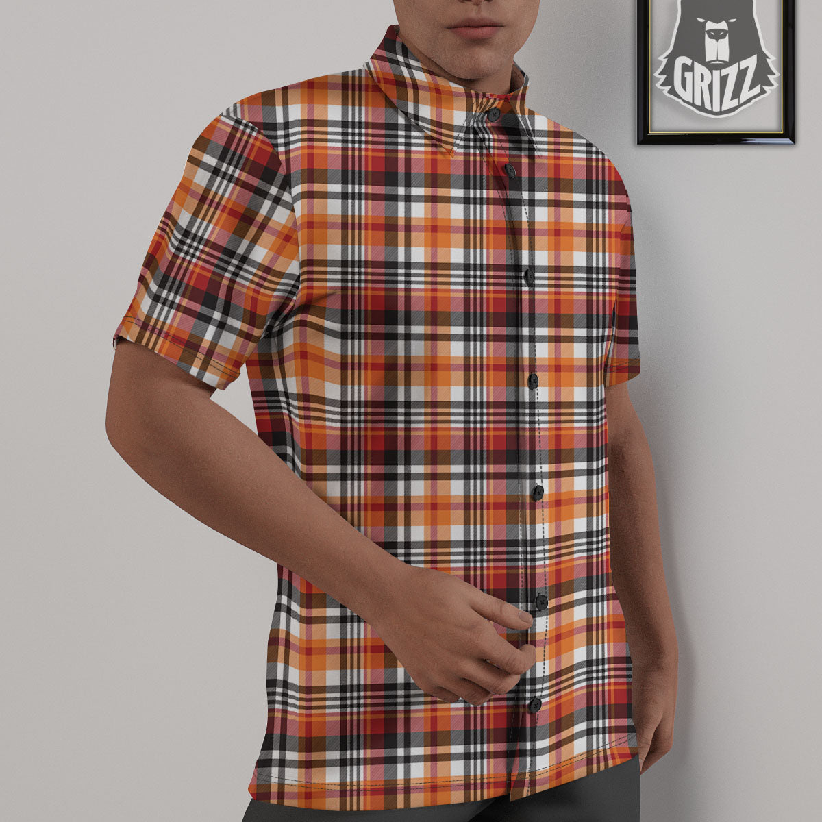 Madras Plaid Black And Orange Print Pattern Untucked Shirts-grizzshop