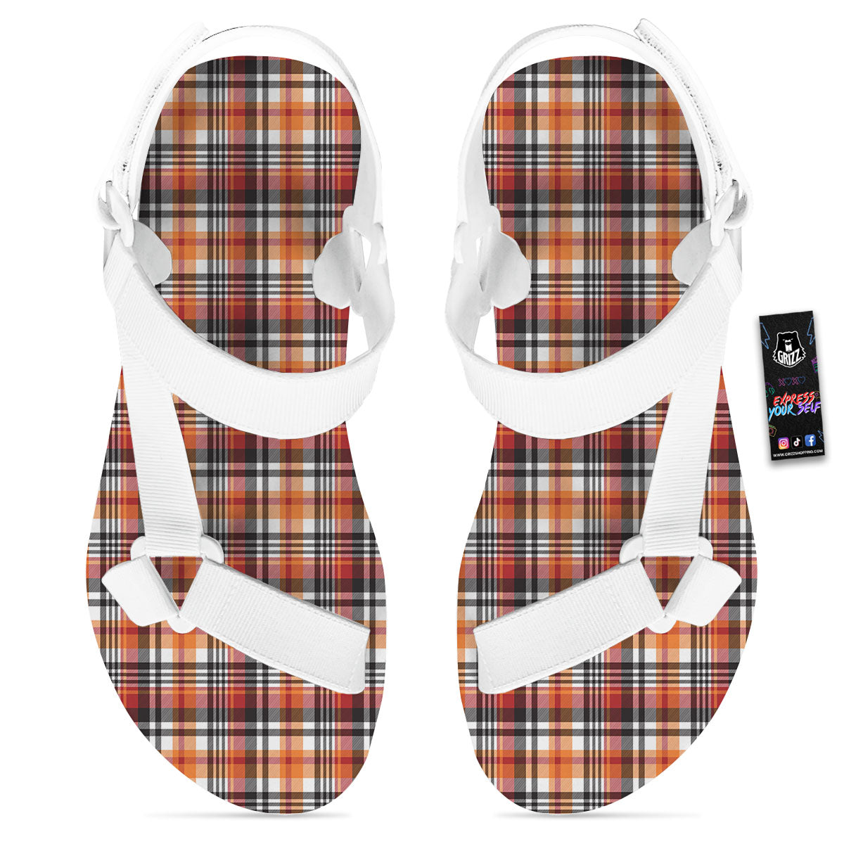 Madras Plaid Black And Orange Print Pattern White Open Toe Sandals-grizzshop