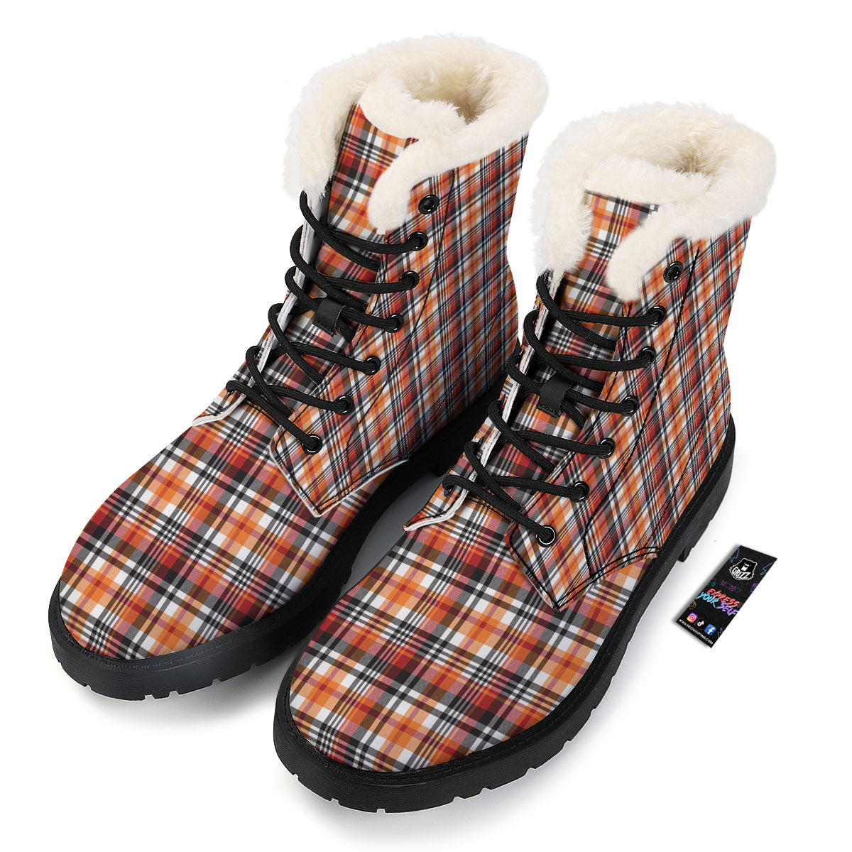 Madras Plaid Black And Orange Print Pattern Winter Boots-grizzshop