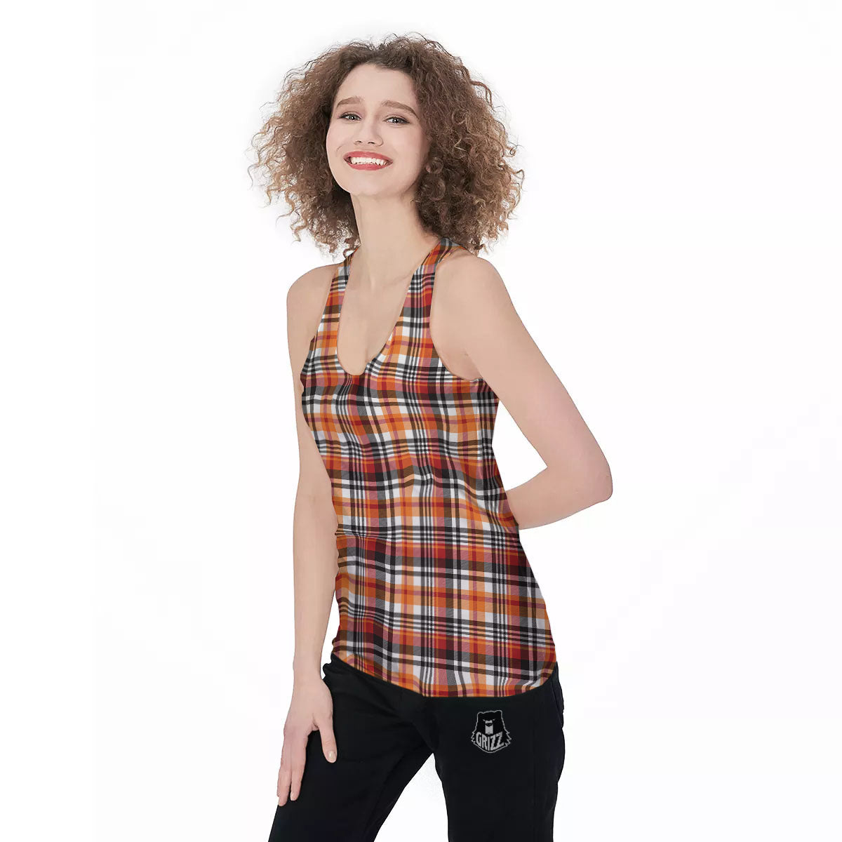 Madras Plaid Black And Orange Print Pattern Women's Racerback Tank Top-grizzshop